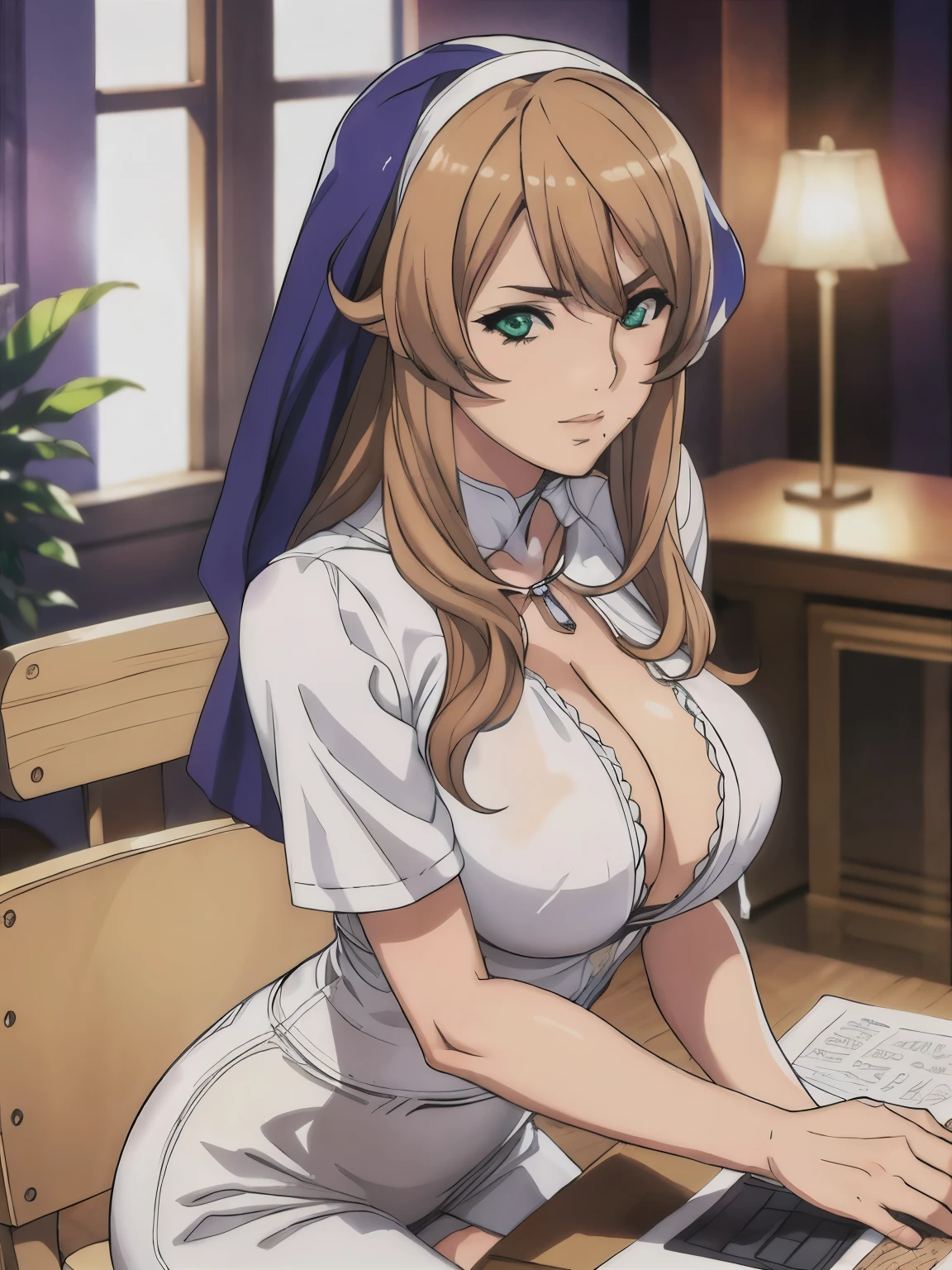 sitting at table, very tempting pose, (white office shirt), (black short pants), (office room background), ((potrait body)), (cowboy shot), sigui, oda non style, anime cels style, smiling, long hair,brown hair, green eyes, 1 girl, 30yo,Young female,Beautiful Finger,Beautiful long legs,Beautiful body, Beautiful Nose,Beautiful character design, perfect eyes, perfect face,expressive eyes, perfect balance, looking at viewer, official art,extremely detailed CG unity 8k wallpaper, perfect lighting,Colorful, Bright_Front_face_Lighting,White skin, (masterpiece:1.0),(best_quality:1.0), ultra high res,4K,ultra-detailed, photography, 8K, HDR, highres, absurdres:1.2, Kodak portra 400, film grain, blurry background, bokeh:1.2, lens flare, (vibrant_color:1.2),professional photograph, (Beautiful,huge_Breasts:1.4), (beautiful_face:1.5),(narrow_waist)