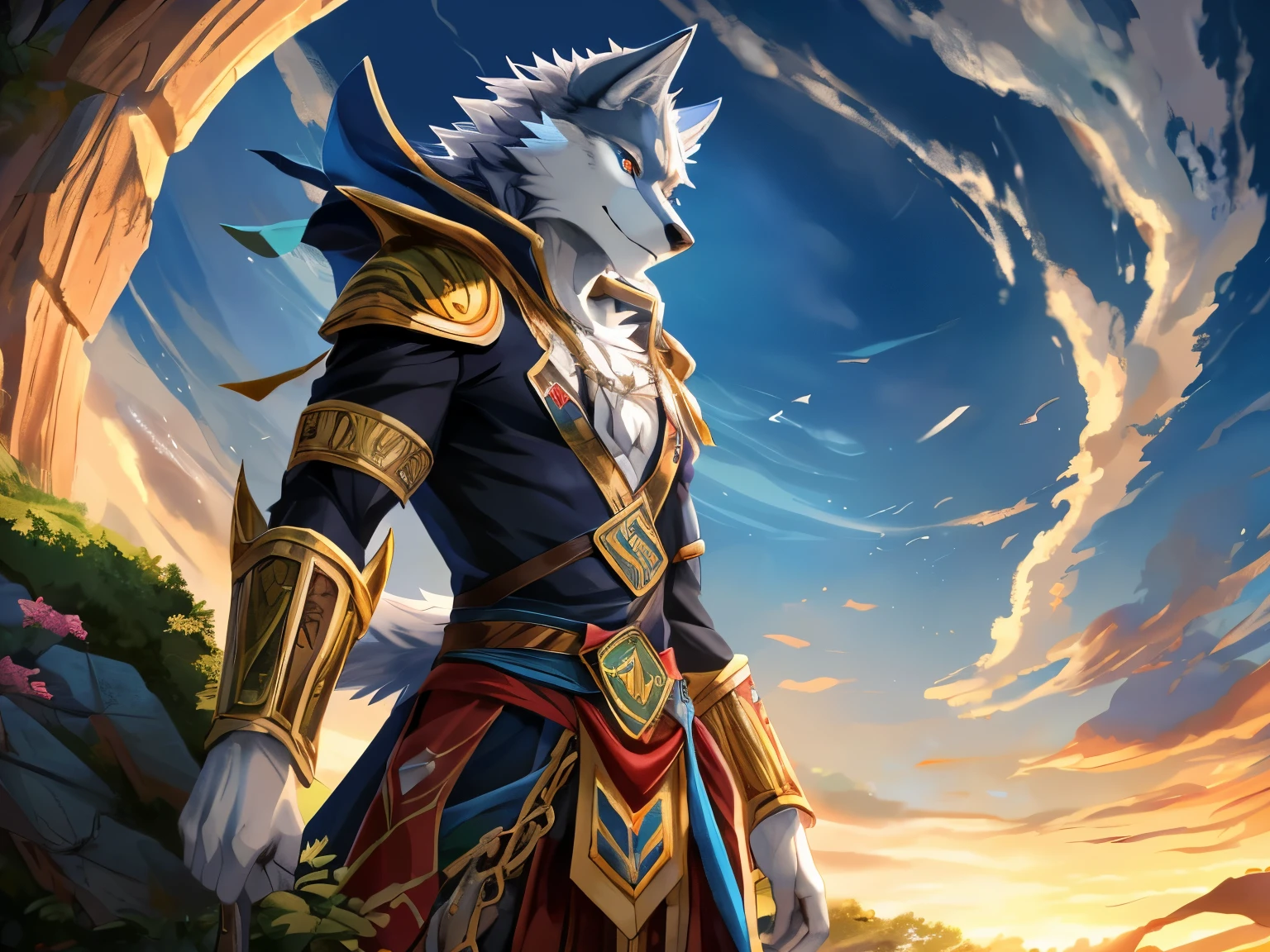 (posted on e621 by Yang J art style) furry, male, anthro, (wolf Tail), Solo, (Realistic eye details:1.2), (beautiful detailed eyes), anime - style image of a man in a white dress and a man in a black suit, beautiful avatar pictures, nature druid, wind sorcerer, a druid, anime fantasy illustration, full color illustration, druid, advanced digital anime art ”, by Yang J, Wolfman art, pixiv contest winner, wind wizard, wind sorcerer!, anime art, slim body, full body like, in a panoramic view, masterpiece, high quality, award winning, HD, 16k, (best quality,4k,8k,highres:1.2)