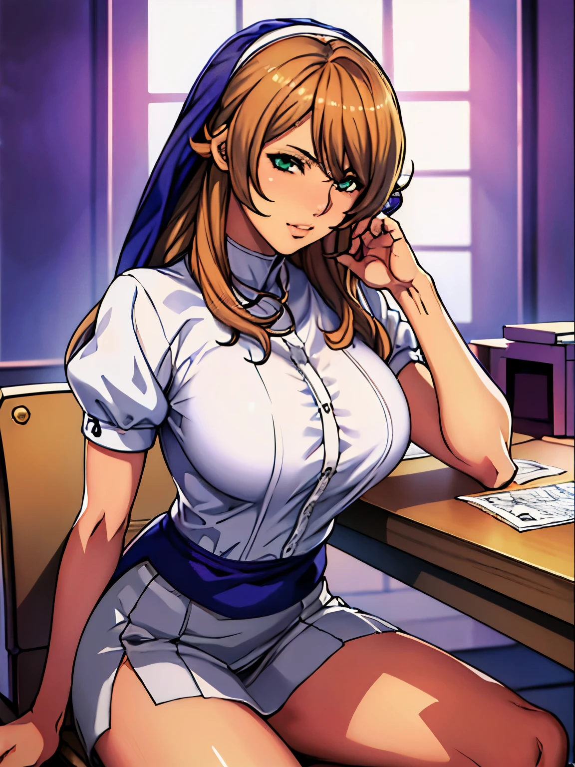 sitting at table, very tempting pose, (white office shirt), (black short pants), (office room background), ((potrait body)), (cowboy shot), sigui, oda non style, anime cels style, smiling, long hair,brown hair, green eyes, 1 girl, 30yo,Young female,Beautiful Finger,Beautiful long legs,Beautiful body, Beautiful Nose,Beautiful character design, perfect eyes, perfect face,expressive eyes, perfect balance, looking at viewer, official art,extremely detailed CG unity 8k wallpaper, perfect lighting,Colorful, Bright_Front_face_Lighting,White skin, (masterpiece:1.0),(best_quality:1.0), ultra high res,4K,ultra-detailed, photography, 8K, HDR, highres, absurdres:1.2, Kodak portra 400, film grain, blurry background, bokeh:1.2, lens flare, (vibrant_color:1.2),professional photograph, (Beautiful,huge_Breasts:1.4), (beautiful_face:1.5),(narrow_waist)