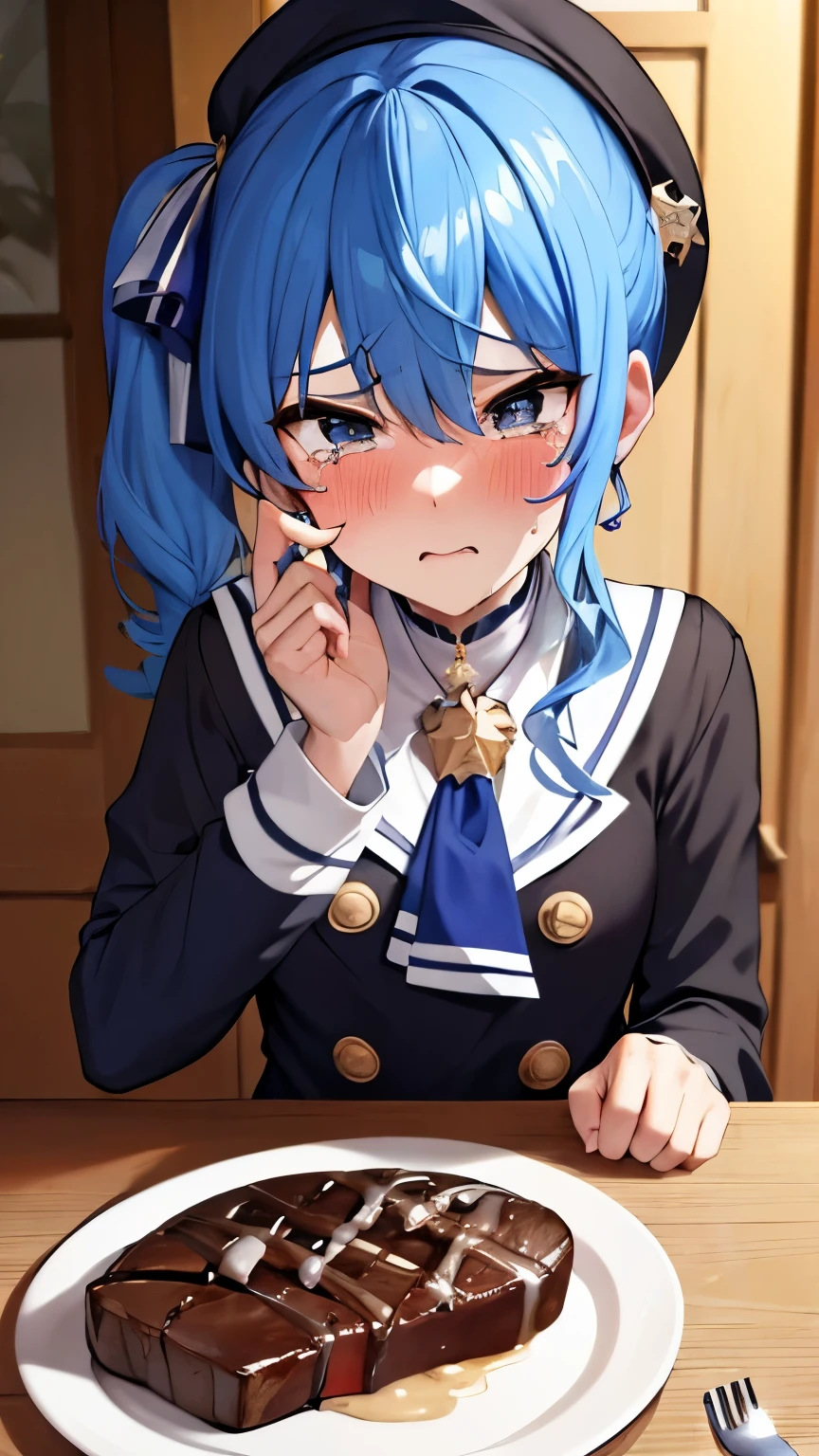 （steak on a plate）, ((((( cum on steak ))))),flat chest,8k,highest quality,masterpiece, highest quality, High resolution, side ponytail, hoshimachi suisei,flat tits,flat breasts,（flat chest）,slender , skinny , (((( holding fork with a hand)))) , put one hand on the desk, disgust, ((( crying ))), teardrops ,perfect finger,irritated face, heavy breathing,
