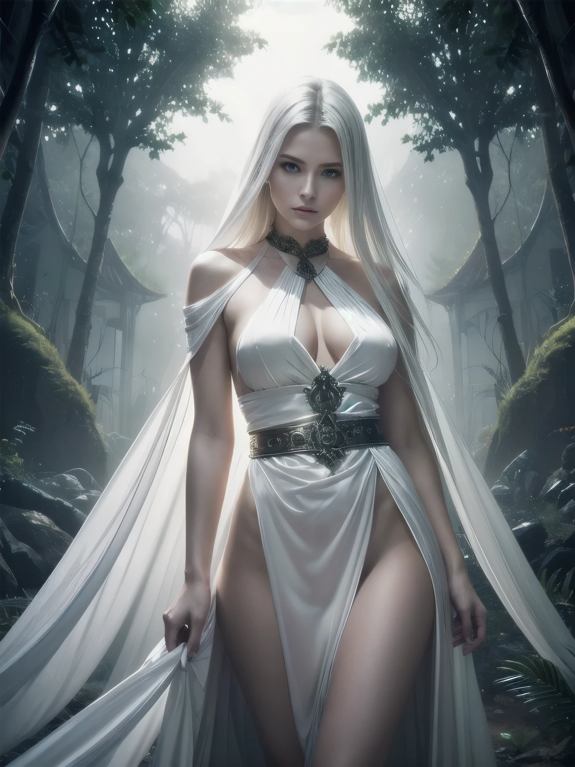 (Digital Art, meisterwerk) shining holy like a female saviour full perfect body slim extremely beautiful powerful mighty perfect face of a silver hair golden eyes 23 year old woman, white revealing glowing silk robes held only over oneshoulder  without sleeves , in a dense misty mysterious jungle palace, dramatic powerful lighting