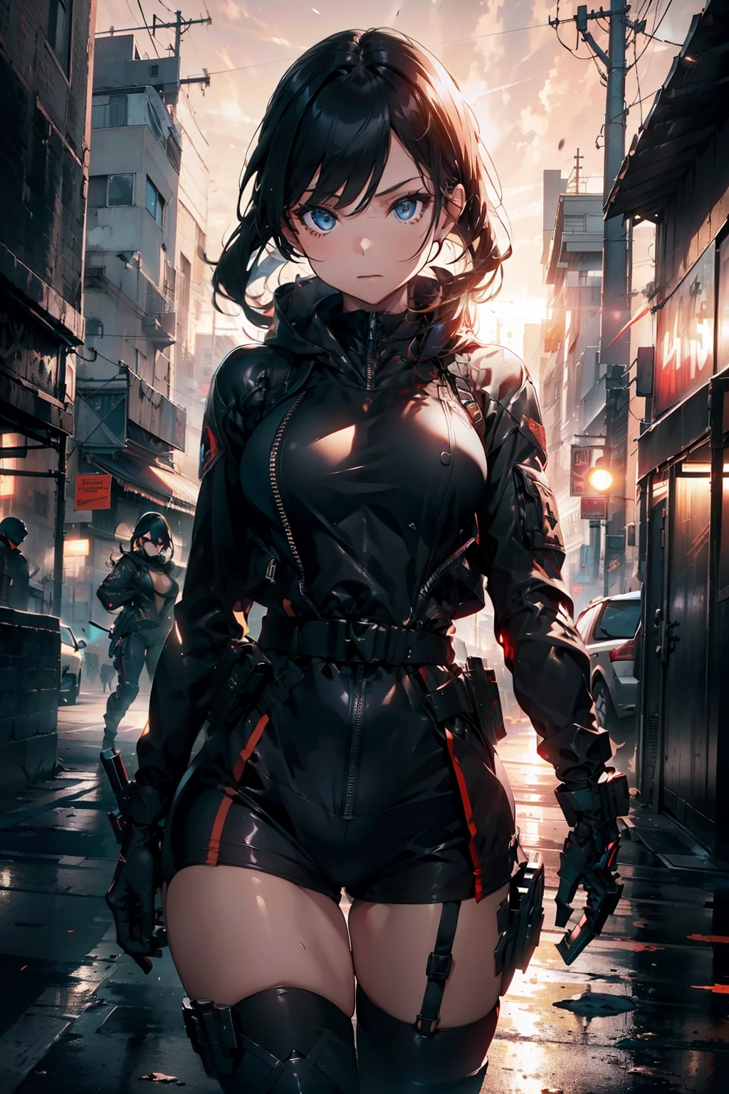 Waist up beauty girl in black body tatical combat suit holding two guns, (((cover in GTA aesthetic style::1))), golden hour illumination, sharp focus, (masterpiece), best quality, expressive eyes, perfect face, glowing