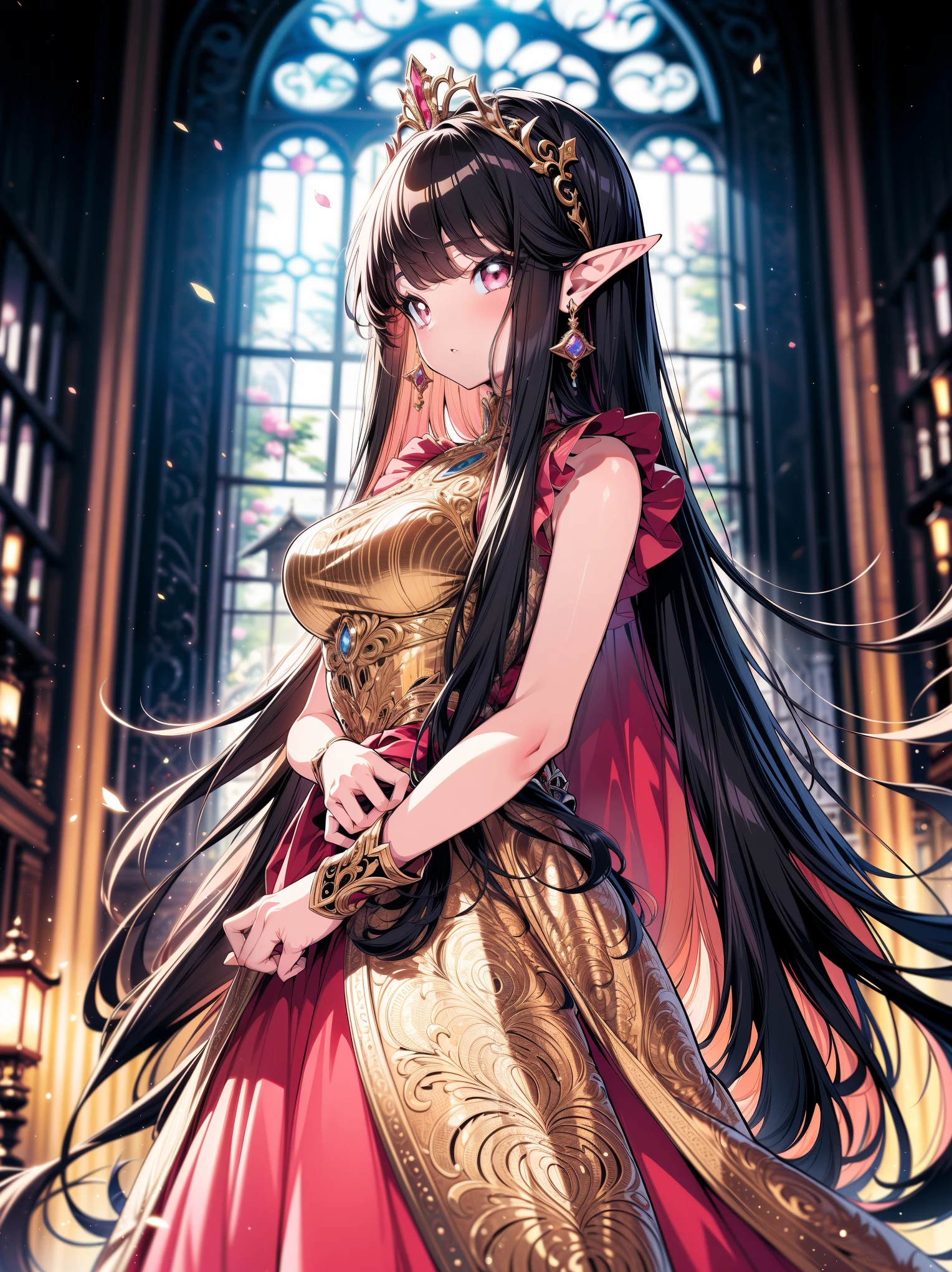 (masterpiece), (best quality, ultra-high resolution, depth of field:1.2), (perfect anatomy), Fair skin, Elf woman, pink eyes, black hair in a hime hairstyle, long hair, pink bow, gold earrings, medium breasts, (wearing an intricate gown), frills, (wearing a mantle), tiara, castle hall scenery