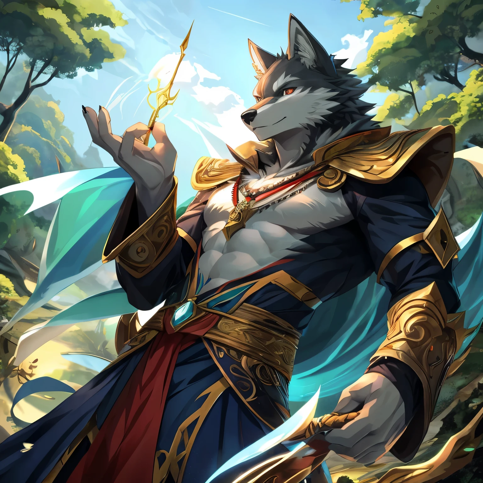 (posted on e621 by Yang J art style) furry, male, anthro, (wolf Tail), Solo, (Realistic eye details:1.2), (beautiful detailed eyes), anime - style image of a man in a white dress and a man in a black suit, beautiful avatar pictures, nature druid, wind sorcerer, a druid, anime fantasy illustration, full color illustration, druid, advanced digital anime art ”, by Yang J, Wolfman art, pixiv contest winner, wind wizard, wind sorcerer!, anime art, slim body, full body like, in a panoramic view, masterpiece, high quality, award winning, HD, 16k, (best quality,4k,8k,highres:1.2)