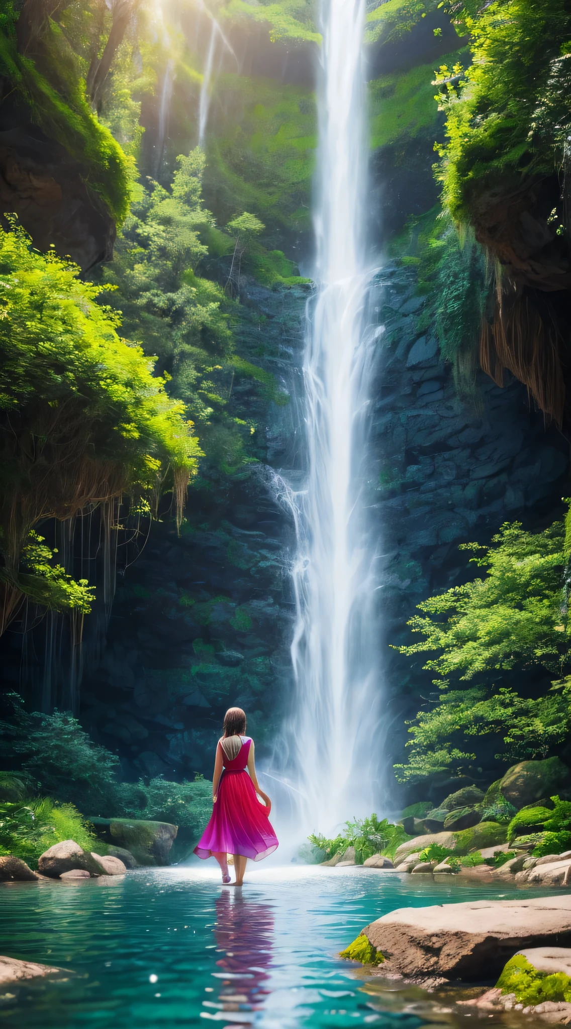 1 girl, realistic beautiful young woman, wearing a colorful dress, waterfall, walking under the waterfall, turn her back to the audience, mysterious beauty, full body, Character ratio is only 1/8, lake surface, ((Large grove)), Tyndall Ray, realism, cinematic lighting, ray tracing, optical illusion, Lens flare, 120mm, f/1.2, sony fe manager, ultra hd, retina, masterpiece, ((highest quality)), ((masterpiece)), (very detailed: 1.3)