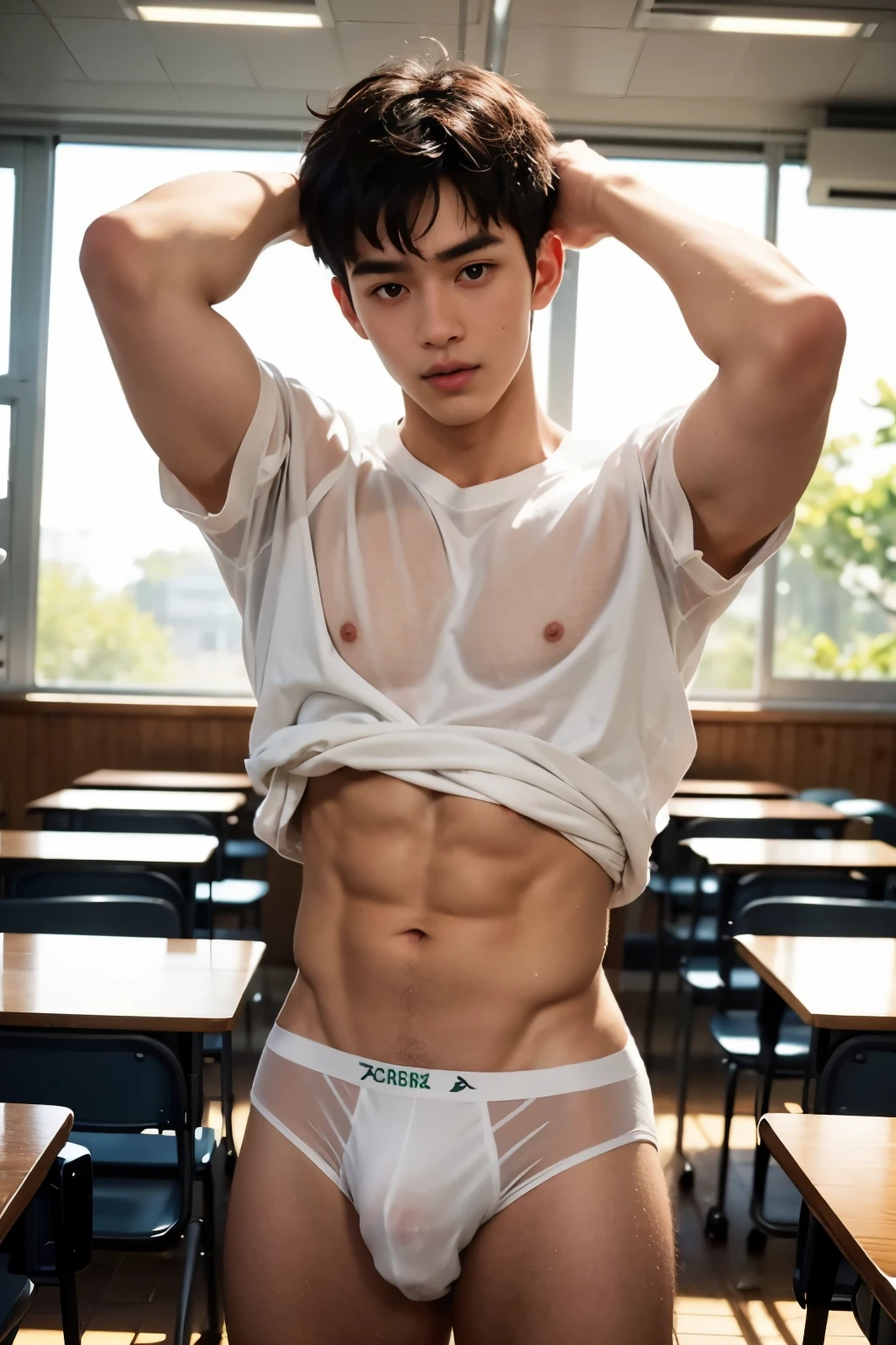 Very bushy hairy armpits, hairy public, See through white shirt, Super Realistic photography, PROUDLY SHOWING OFF HIS BODY, white uniform shirt, UNIFORM, Cute tern student Wearing uniform shirt, NO PANTS, CLOSED UP DETAILED, sexy student, wearing soaked unbutton white shirt, ABS EXPOSED, Very wet body, very wet, crowded classroom, wearing socks, pantless just wearing soaked white micro undies, Showing off his very hairy armpits, Slim fit body, ager, very cute boy face, 17 y, Very young teenager boy, Amg classroom scenery, in the middle of Crowded classroom, dickprint, Sweat dripping all over the body, Proudly showing off his sweaty very hairy armpits to student in the classroom, The colors are bright and vibrant, enhancing the overall aesthetic. The lighting is soft and natural, casting a soft glow on the boy, don't merge body's, detailed eyes and lips, sixpack and fit body. Image quality is of the highest standard, with ultra-detailed features and a realistic appearance.