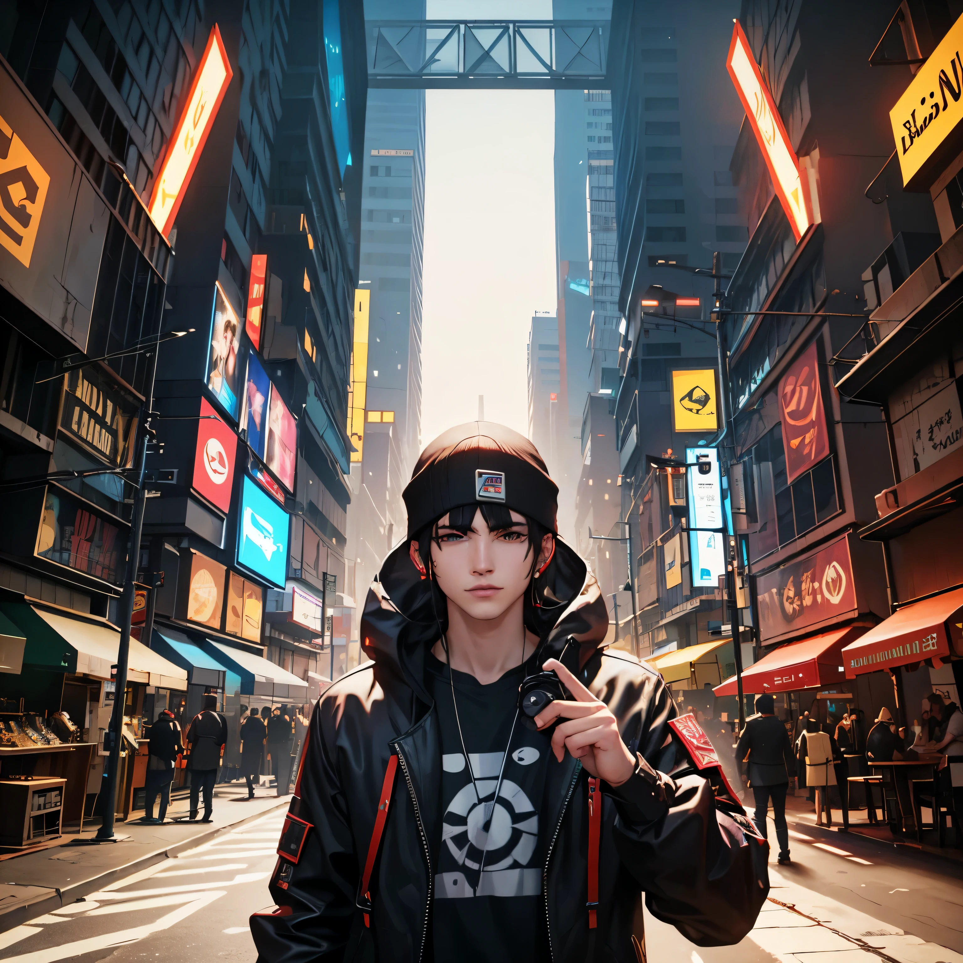 joven de frente para camera olhando para camera, realista, cinematico, em um mundo cyberpunk  