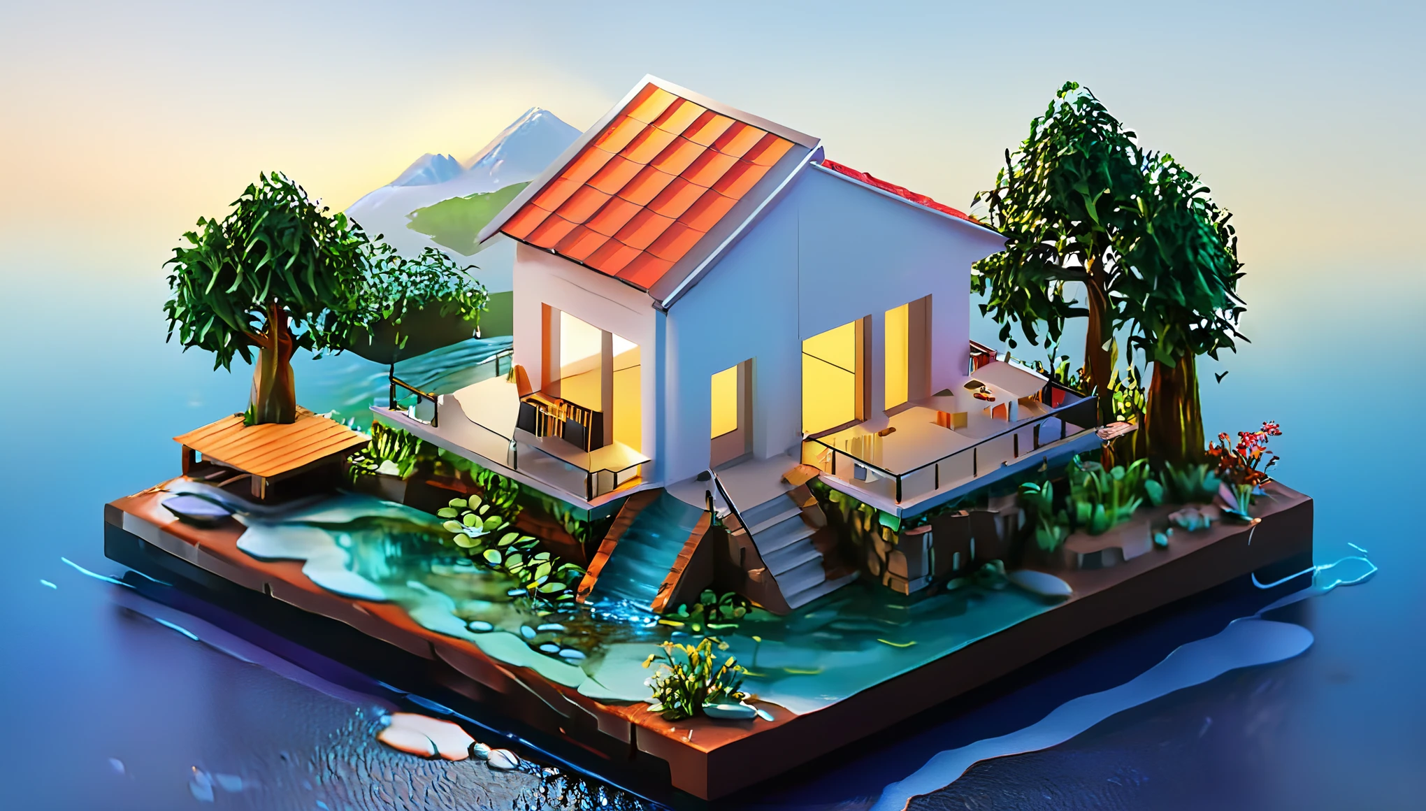 photorealistic wooden house in the middle of the lifelike forest, surrounded by realistic rivers and waterfalls, translucent fresh water with specular reflections, hyperrealistic medieval fantasy landscape, mystical atmosphere, (ultra sharp infinity focus, crystal clear. Extremely realistic ray traced scene with whimsical godrays, lifelike Volumetric lighting, ultra realistic Volumetric shadows, Volumetric Fog, Path Tracing, photon mapping, Simplygon, Displacement Mapping, Photometric stereo, Subsurface Scattering, long and deep shadows:1.3), subtle atmospheric effects, dazzling light effects, (max intricate details utilizing meticulous layered detailing to achieve insanely ultra high intricate Levels of Detail, max geometry detail, max scene detail, insanely intricate max environment detail:1.2). (Perfect antialiasing and anisotropic filtering for insanely sharp edges and contours:1.2). perfectly arranged dynamic scene, best dynamic perspective, highly decorated dynamic background, (amazing depth, immersive Depth Buffer:1:1), perfect contrast, best saturation, professional mirrorless camera in ultra HD mode, extremely sharp lens, vibrant film, (vivid CMYK colors, best color space, immaculate dynamic composition, Cutting-edge photography equipment and photorealistic rendering techniques to capture hypermaximalist detailing in best quality. Postproduction, Postprocessing. Highly polished, enhanced and refined imagery in hypermaximalist quality and breathtaking Absurdres:1.3). Trending on Artstation, Flickr, Pinterest, Lexica, ffffound, Canon, Hasselblad, Kodak, Fuji, Leica, Sigma, Nikon, Adobe Photoshop Lightroom,