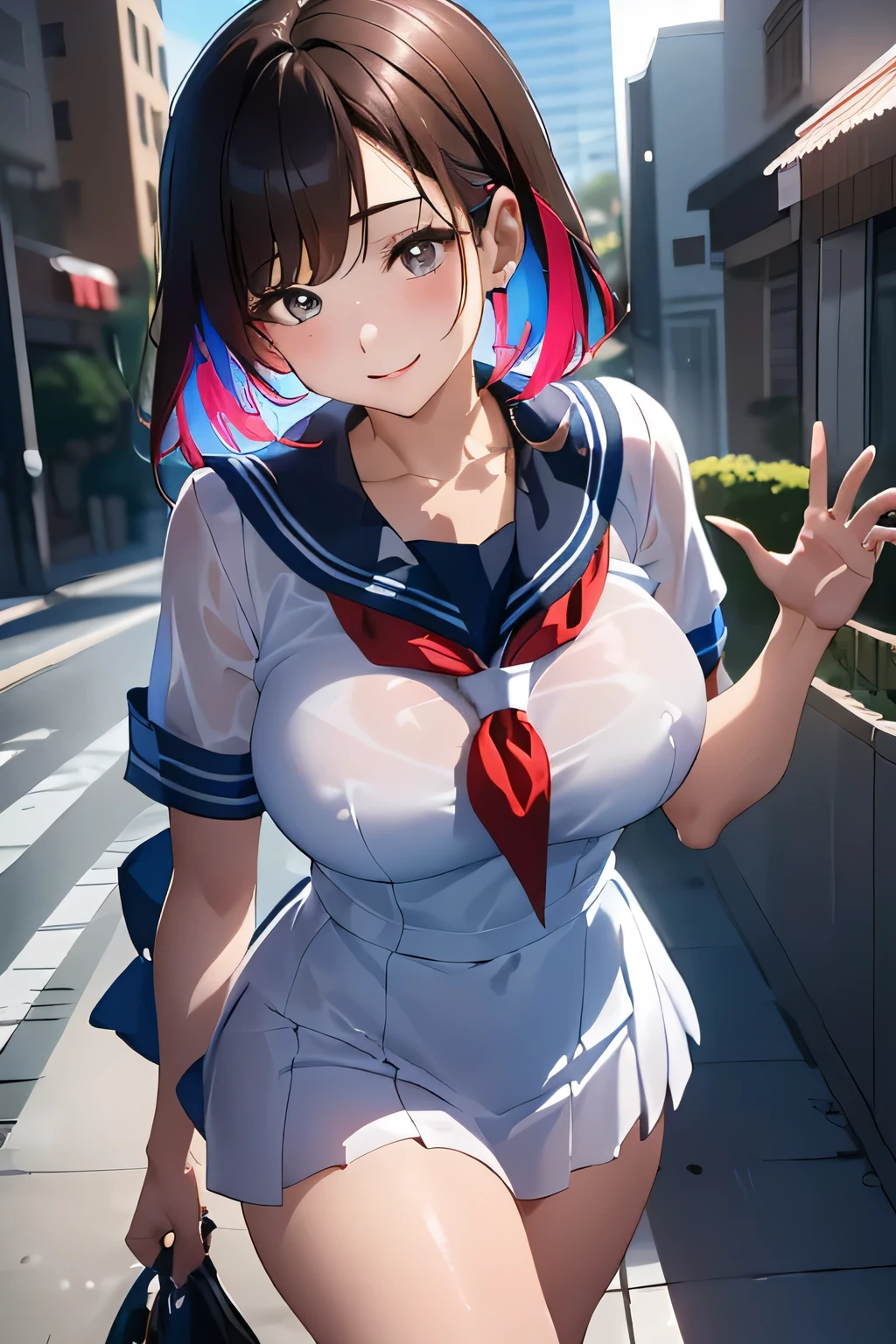 big and full breasts、(((A transparent white sailor suit that sticks to the chest,school uniform:1.7))),(((A woman wearing a transparent sailor suit:1.7 ))),(((A woman riding a colorful custom-painted motorcycle through the city:1.7))), Shiny light brown and orange striped short hair,cute smile,perfect round face,A cheerful smile that makes the viewer happy,proper body proportions,table top,Super high quality output image,High resolution,intricate details,very delicate and beautiful hair,realistic pictures,dream-like,professional lighting,realistic shadow,focus only,beautiful hands,beautiful fingers,Detailed functions of fingers,Detailed features of the wear,Detailed characteristics of hair,detailed facial features,(((emphasize the chest:1.3))),(dynamic angle),(dynamic and sexy pose),laughter、cute round face,,(table top,highest quality,超High resolutionの出力画像,) ,(8K quality,),(sea art 2 mode.1),(Image mode Ultra HD,)