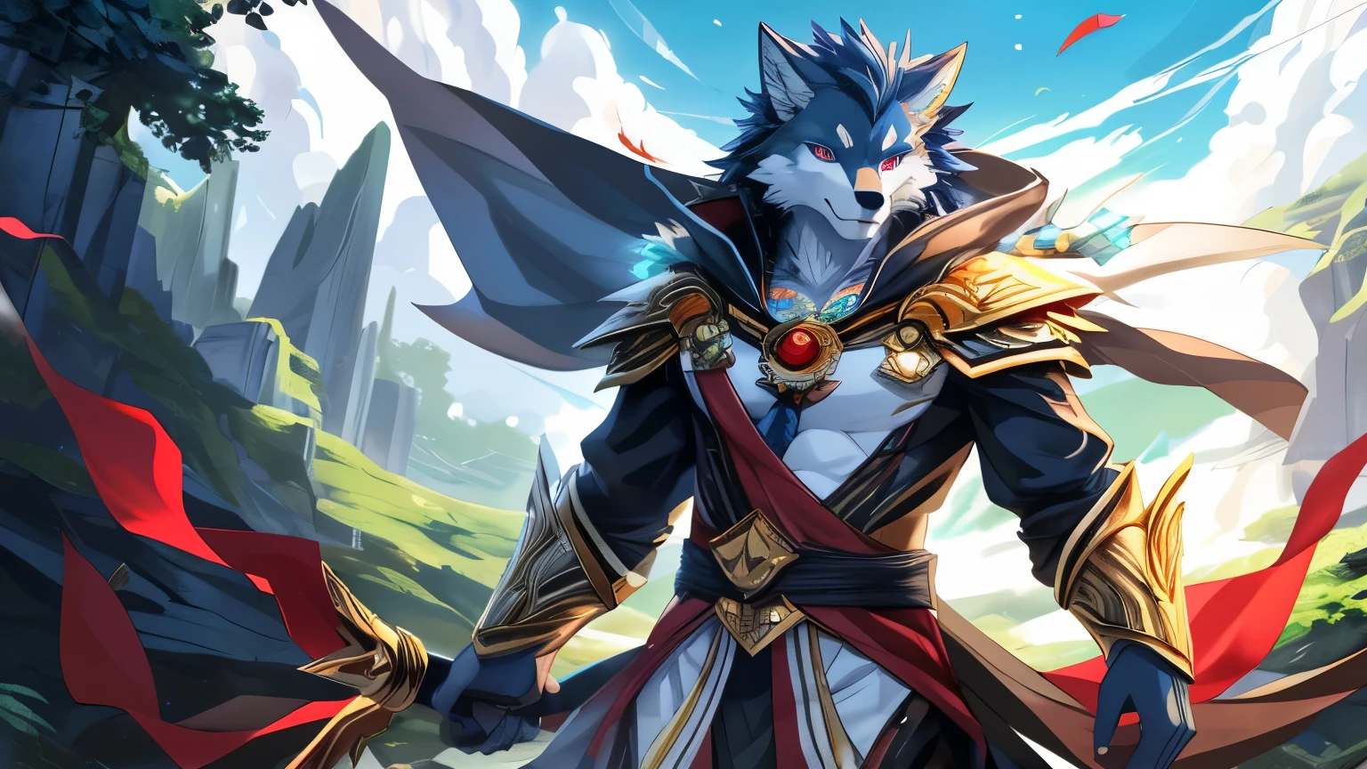 (posted on e621 by Yang J art style) furry, male, anthro, (wolf Tail), Solo, (Realistic eye details:1.2), (beautiful detailed eyes), anime - style image of a man in a white dress and a man in a black suit, beautiful avatar pictures, nature druid, wind sorcerer, a druid, anime fantasy illustration, full color illustration, druid, advanced digital anime art ”, by Yang J, Wolfman art, pixiv contest winner, wind wizard, wind sorcerer!, anime art, slim body, full body like, in a panoramic view, masterpiece, high quality, award winning, HD, 16k, (best quality,4k,8k,highres:1.2)