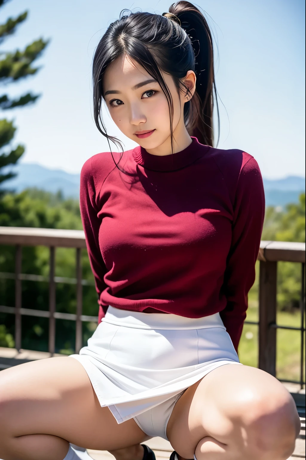 real photos、landscape in canvas、sunny、squatting down、Highest imYear quality、Beautiful woman、beautiful thighs、spread legs,beautiful face、real imYear、federal army uniform miniskirt、ponytail、lift the skirt。、showing white panties、Yuriko Yoshitaka、16Year日本人女性、Mrs. Bowe、pretty girl、white pantiesが丸見え、1６Year、（white panties:1.3）、super mini skirt、beautiful thighs、white panties、赤いミニスカートがめくれてwhite pantiesが見えてる