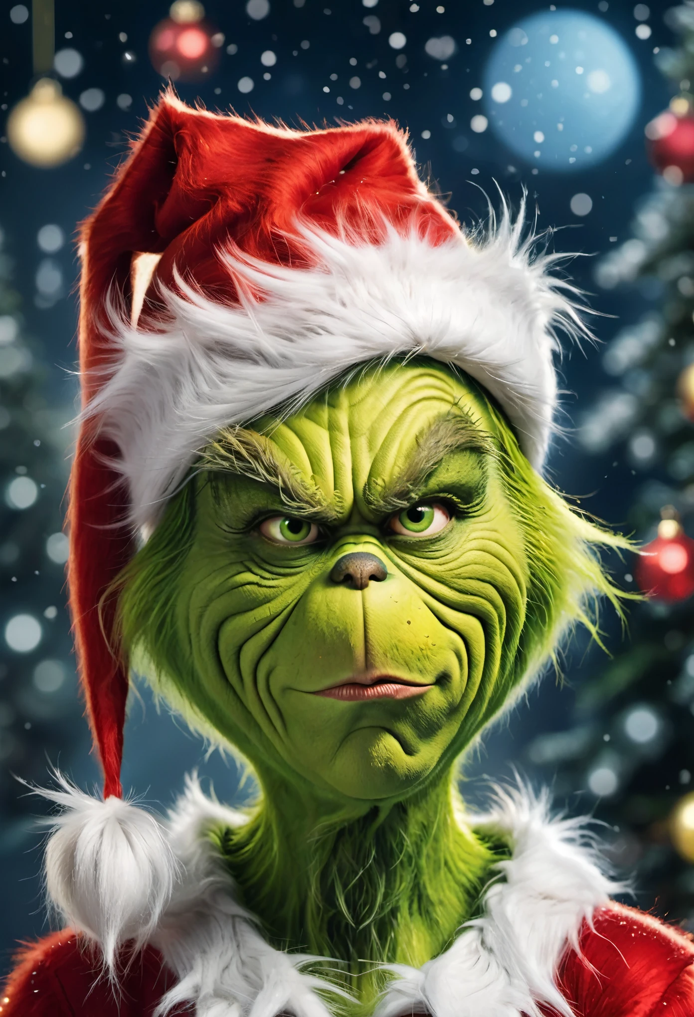 
It describes the Grinch in a comical but dark situation, where he is seen trying to ruin Christmas in an extravagant and absurd way. You can highlight his moody attitude and disheveled appearance, but also his ingenuity in executing his diabolical plans. Be sure to use vivid and humorous language, emphasizing their ridiculous but effective attempts to steal Christmas cheer, soft lighting, masterpiece, best quality, photorealistic, 8k, high resolution, detailed realistic skin, 8k uhd, dslr, soft lighting, high quality, film grain, Fujifilm XT3