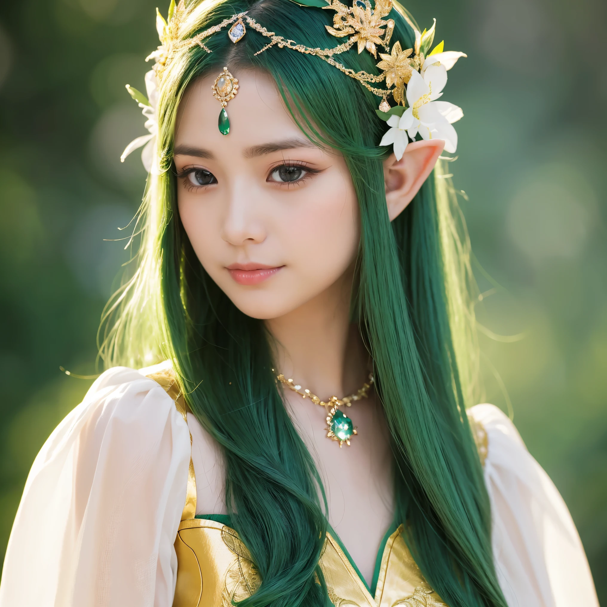 (masterpiece、highest quality、Highest image quality、8K、Award-winning work、Ultra high definition)、(one gorgeous elf princess:1.1)、(A number of intricately detailed dresses and ornaments々:1.1)、(She wears countless ornaments that are elaborately detailed.:1.1)、(A large amount of princess accessories with very elaborate details:1.1)、(perfect pointy elf ears:1.1)、(Beautiful leaf and flower decorations on the head:1.1)、Reveal pointy elf ears、(The Most Sacred Princess Dresses:1.1)、(The most noble and luxurious elf princess dress:1.1)、(expose one's shoulders:1.1)、(Beautiful oversized sleeves with transparent top quality:1.1)、(The most luxurious and highest quality giant tiara:1.1)、(The most luxurious and highest quality giant necklace:1.1)、(close up of face:1.3)、(the most beautiful princess hairstyle:1.1)、green hair、(The background is a gorgeous sacred forest:1.1)、Gorgeous and intricately decorated dress in yellow-green and white tones、(Fairy tale brilliance:1.1)、(Tyndall effect:1.2)、fairy tale atmosphere、fantasy、sacred and noble elf、Accurately recreate every detail of the perfect elf princess、The most complex and detailed forest、(yellow-green fog:1.1)、(Filled with Divine Light:1.1)、beautiful lush tree々、A forest illuminated by sacred green light、great movie lighting、(smile looking at me:1.1)、the most luxurious and intricate dresses、slender body、small cleavage、emphasize body line、accurate anatomy、perfect makeup、(鮮やかな黄緑に輝くUltra high definitionの瞳:1.1)、(very bright and vivid:1.1)、Green Eyeshadow、Ultra high definitionの美しい瞳、Ultra high definitionの艶のある肌、Beautiful skin that shines brightly、Ultra high definitionの艶のある美肌、Ultra high definitionの艶のある美しい髪の毛、Ultra high definitionの美しい歯、Stand upright facing the front