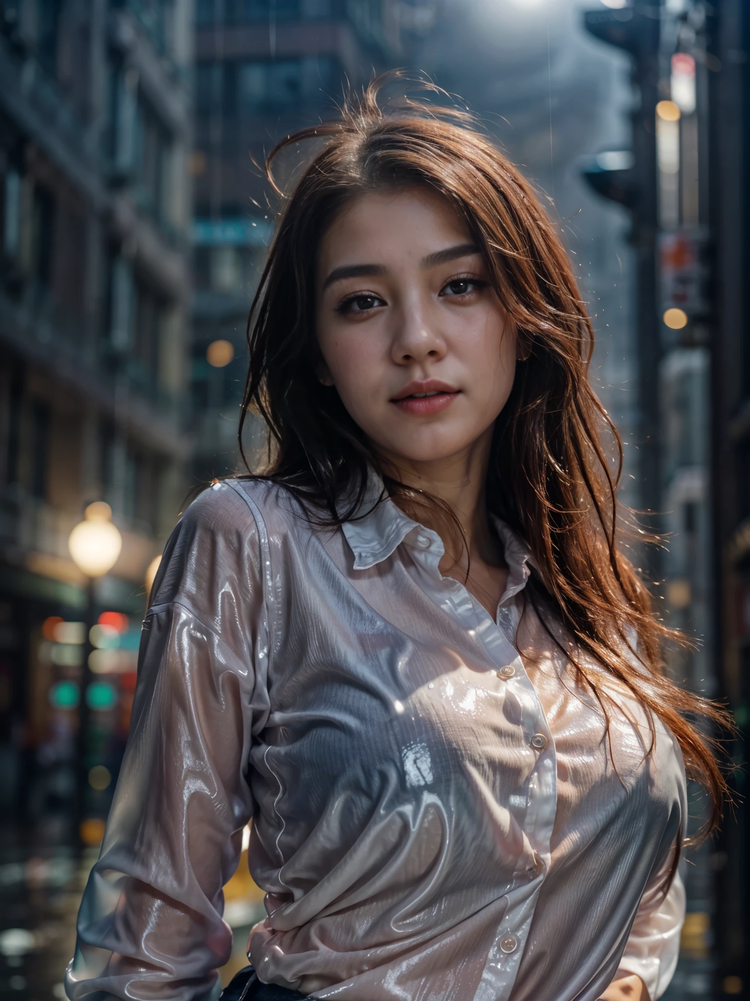 (1girls:1.5), Korean, (wearing wet button shirt:1.4), (posing in the heavy rain on the rooftop of high building, soaking wet:1.5, foggy and scary, beautiful detailed eyes, beautiful skinice soft face, flowing wet red hair, seductive smiles, happiness looks, sexy postures, skinny body, wet body, a bit muscular abs, large breast, droopyboobs, rainny day, skyline view background, close up, low angle view, (seen from below), grey ambient, foggy and dark atmosphere, vibrant colors, natural beauty, youthful energy, photon mapping,