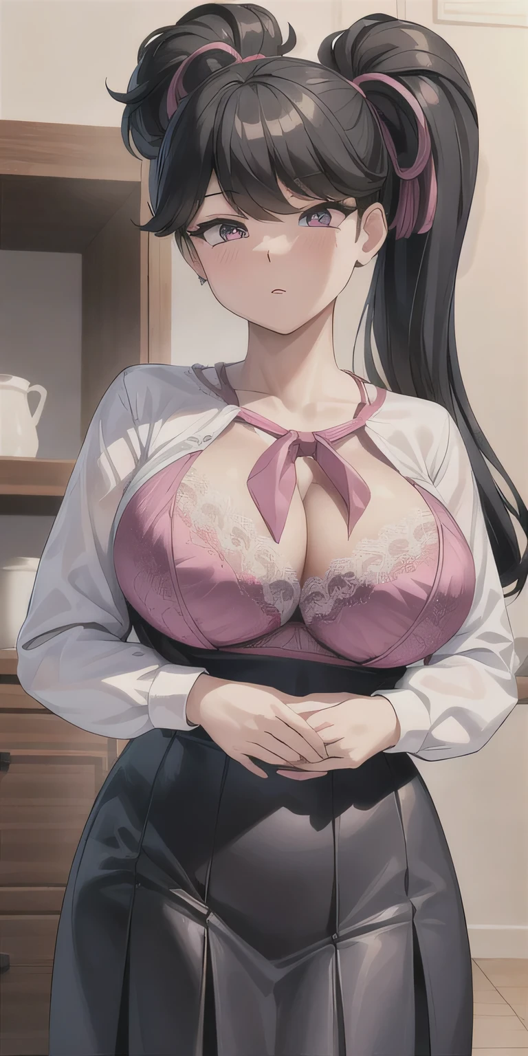 KodachiKunou, solo, standing, large_breasts, KodachiCasualOutfit, masterpiece, best quality, (detailed face), detailed eyes, highres,open shirt, (pink lace bra:1.2),(huge tits)