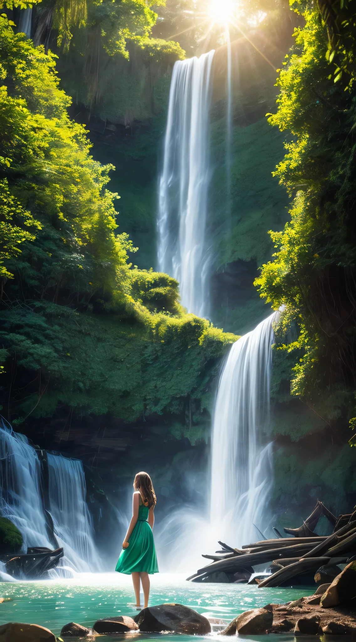 1 girl, realistic beautiful young woman, Wearing a light green dress, waterfall, walking under the waterfall, turn her back to the audience, mysterious beauty, full body, Character ratio is only 1/8, lake surface, ((Large grove)), Tyndall Ray, realism, cinematic lighting, ray tracing, optical illusion, Lens flare, 120mm, f/1.2, sony fe manager, ultra hd, retina, masterpiece, ((highest quality)), ((masterpiece)), (very detailed: 1.3)