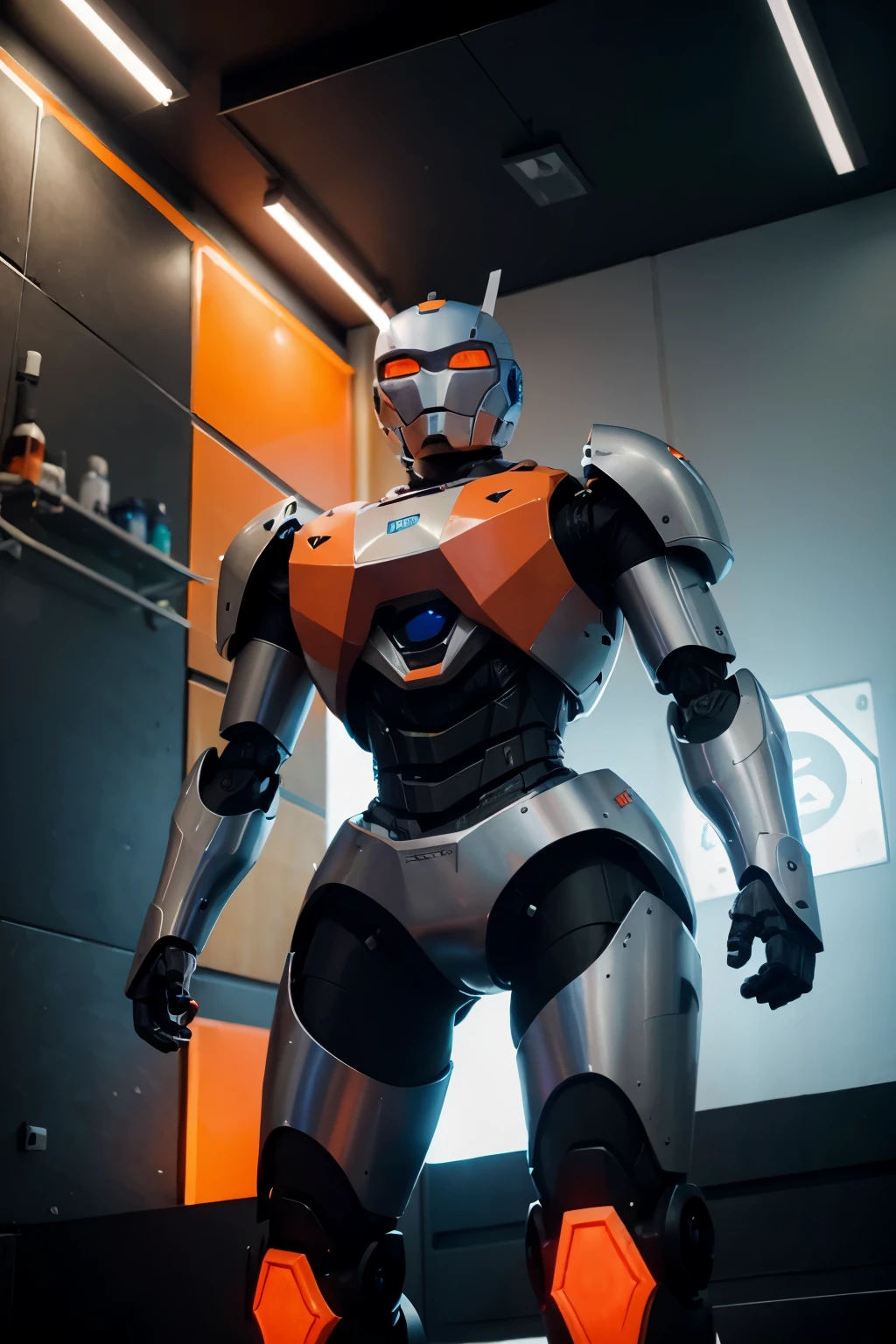 ((Masterpiece, Best Quality)), illustration, ultra-detailed 8K, realistic, clear focus, highly detailed, professional lighting, colorful details, rainbow colors BREAK factory super long shot, (1 large mechanical robot), microchip, computer, luminescence, intricate details, shitu-mecha, 1girl downscale standing in front of the viewer, navel
