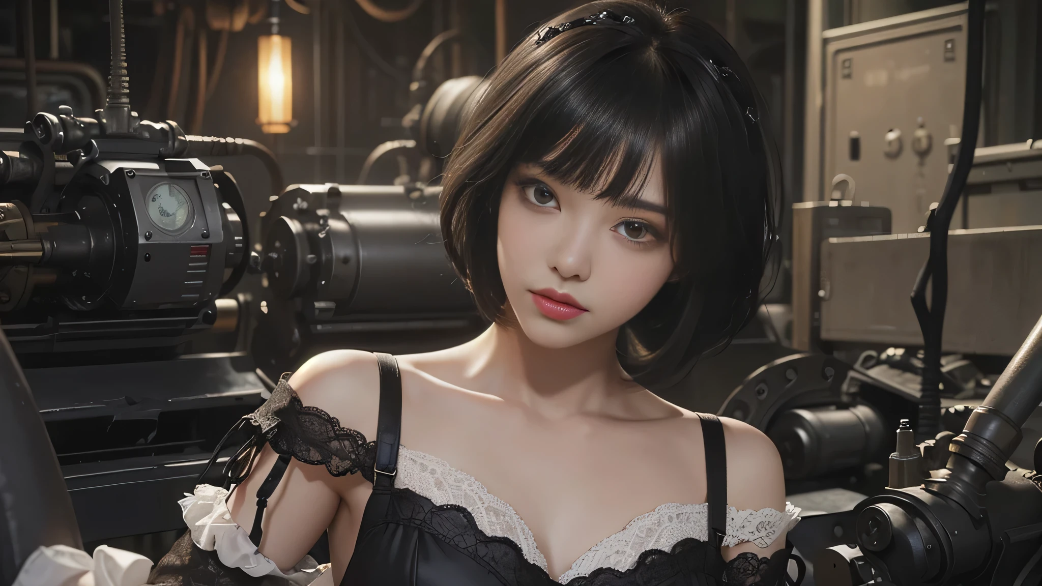 (((masterpiece, highest quality, Super detailed))), 1 female, very thin body ,length, thin legs, (((black short bob, thick and fluffy bangs ))), (((highly detailed face))), No cosmetics, small and thin nose, thin mouth and small lips, (((Very sharp focused eyes))), Precise pale gray eyes with large slits, shine like a jewel, length eyelashes, ((Highly decorative and intricate mechanical steampunk fashion, Lace Flare Mini Skirt, black lace stockings above the knee, Lace Off Shoulder ta Fashion, Overly decorative fashion)), Abandoned Night, Complex mechanized steampunk factory catches fire、explosion, (((Overall accuracy has been significantly improved, creating a Super detailed and realistic image))), super realistic photos.,perfect body,(lie:1.3)