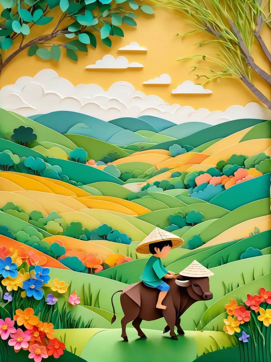 Flat illustration,Rainy day, a small Asian boy with a straw hat, sitting on the back of a buffalo, in a wide field with green grass, colorful flowers, willow trees, swallows flying through the air, vague green hills in the distance, villages, the overall color is fresh and light, unnel composition,morandi color, multi-dimensional paper kirigami craft