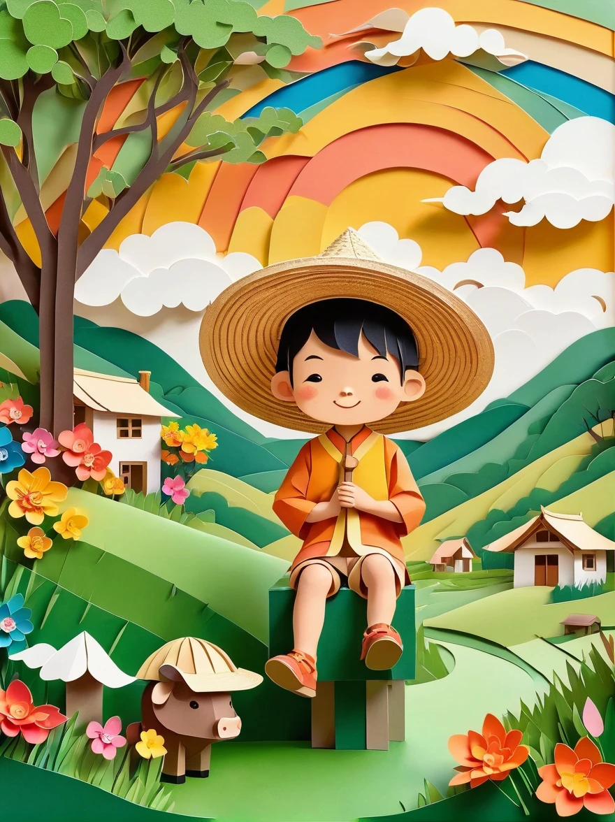 Flat illustration,Rainy day, a small Asian boy with a straw hat, sitting on the back of a buffalo, in a wide field with green grass, colorful flowers, willow trees, swallows flying through the air, vague green hills in the distance, villages, the overall color is fresh and light, unnel composition,morandi color, multi-dimensional paper kirigami craft