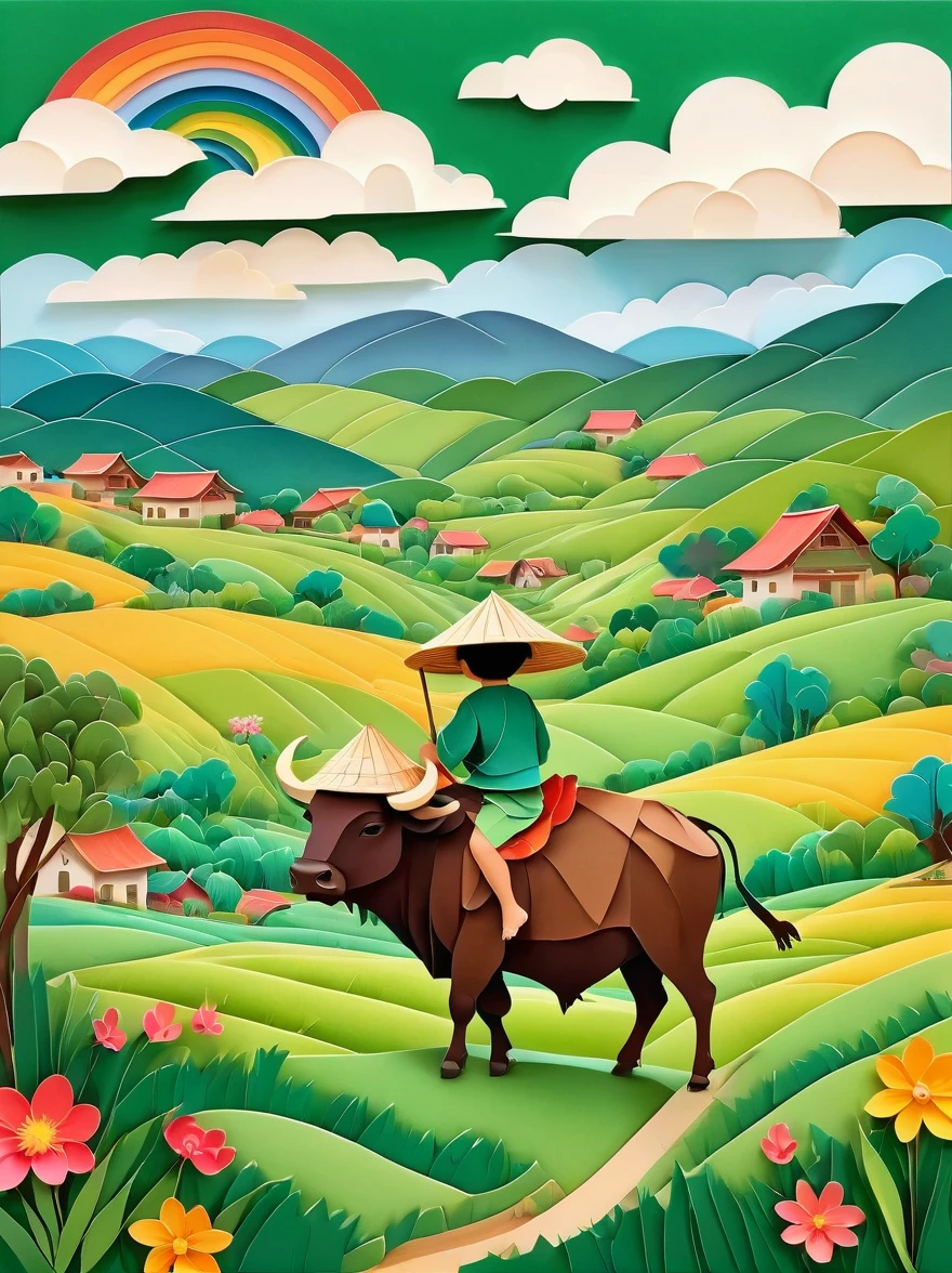 Flat illustration,Rainy day, a small Asian boy with a straw hat, sitting on the back of a buffalo, in a wide field with green grass, colorful flowers, willow trees, swallows flying through the air, vague green hills in the distance, villages, the overall color is fresh and light, unnel composition,morandi color, multi-dimensional paper kirigami craft