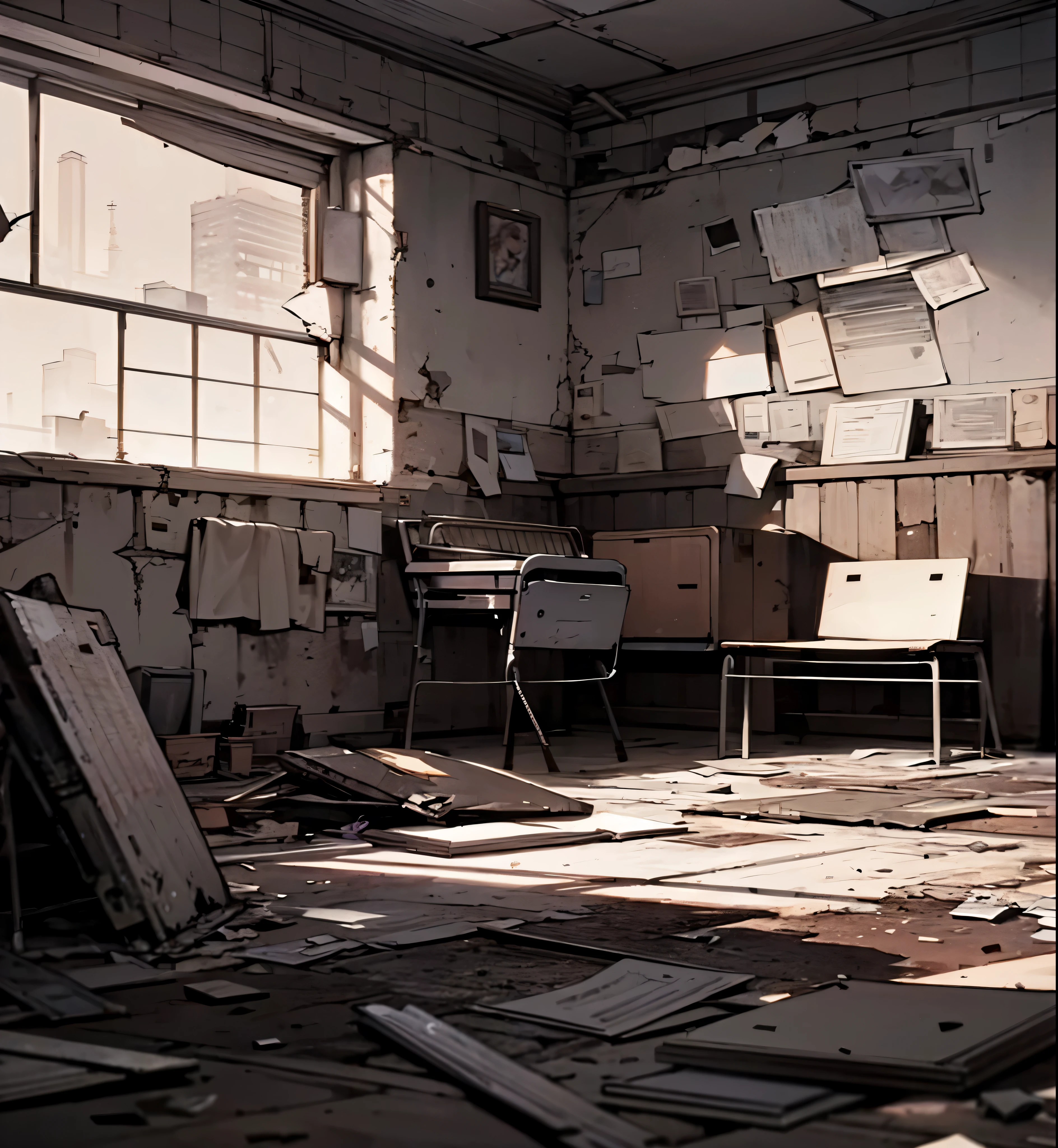 tmasterpiece， best qarity， 8K， absurdereessy sofa， Messy interior， No Man：1.4）， （ssee-through， depth of fields：1.2）， scenecy， sofe， desks， broken window， Some rubbish on the ground， rusty scrap， Damaged wall paint， Dirty and cracked concrete walls， dust kicked up， hdr， （Bleaching bypass， Ginno-Koshi：0.8）， cinmatic lighting， profesional lighting， highcontrast， Sharp focus， A high resolution， photography of， hyper realisitc， ultra detali， sharp detailed，finely detailled