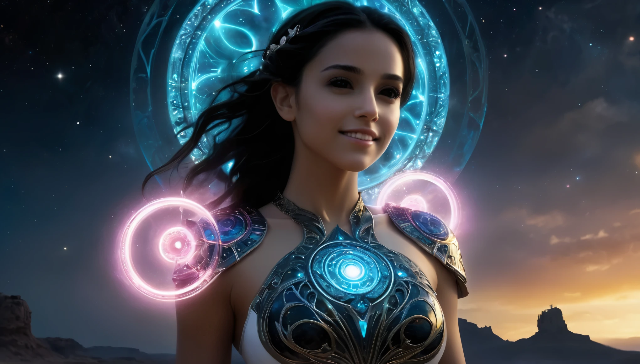 (1 beautiful age Saudi Arabian girl:1.6),(wears pearl white bodysuit with beautiful fractal or marble design:1.5),(She wears gauntlets with a detailed and very beautiful design decorated with jewels:1.6), ((She is showing her armpits:1.6)), (erotic pose:1.6), (model pose:1.6), incredibly spectacular scene, ((high quality)), ((fantasy)), blue plasma brain, green plasma body, obscene, average, (despicable:1.2), (immoral:1.2), (Small breasts with beautifully raised pink areolas:1.5), (expression of ecstasy:1.2), hyper realistic photo, official art, Unity 8K Wallpaper, 8K portrait, high quality, very high resolution, (incredibly beautiful nature background:1.6), (18-year-old:1.5), (sexy and glamorous:1.1), (coquettish expression:1.6), (smile seductively:1.6), beautiful seductive face, portrait, (thick eyebrows:1.4), Beautiful eyes with high bilateral symmetry, (highly detailed eyes:1.4),(highly detailed face and eyes:1.7), (High resolution obsidian eyes:1.8), (Super detailed skin texture:1.4), super detailed dark skin, perfect anatomy, thin, (Beautiful muscular toned body:1.6), highly detailed jet black hair, (moist skin:1.7), no makeup, (Bear:1.1), excellent anatomy, Focus plane, good looking, (Emilia clarke:0.1) (Emma watson:0.3),(Jennifer connelly:0.24), (A delicately crafted necklace is wrapped around her neck), (Bioluminescence with a brilliant glow:1.4), (Shining magic circle:1.5), ruins of an ancient castle, Shining majestic clouds and sky, lightning, spectacular realistic, (Greg latkowski:0.8), (teal and orange:0.4), (art station:1.5), cinematic, (NSFW:1.6), dramatic light, (intricate details:1.1),Milky Way, (nebula:1.6), dark Knight, Focus on fully armored body