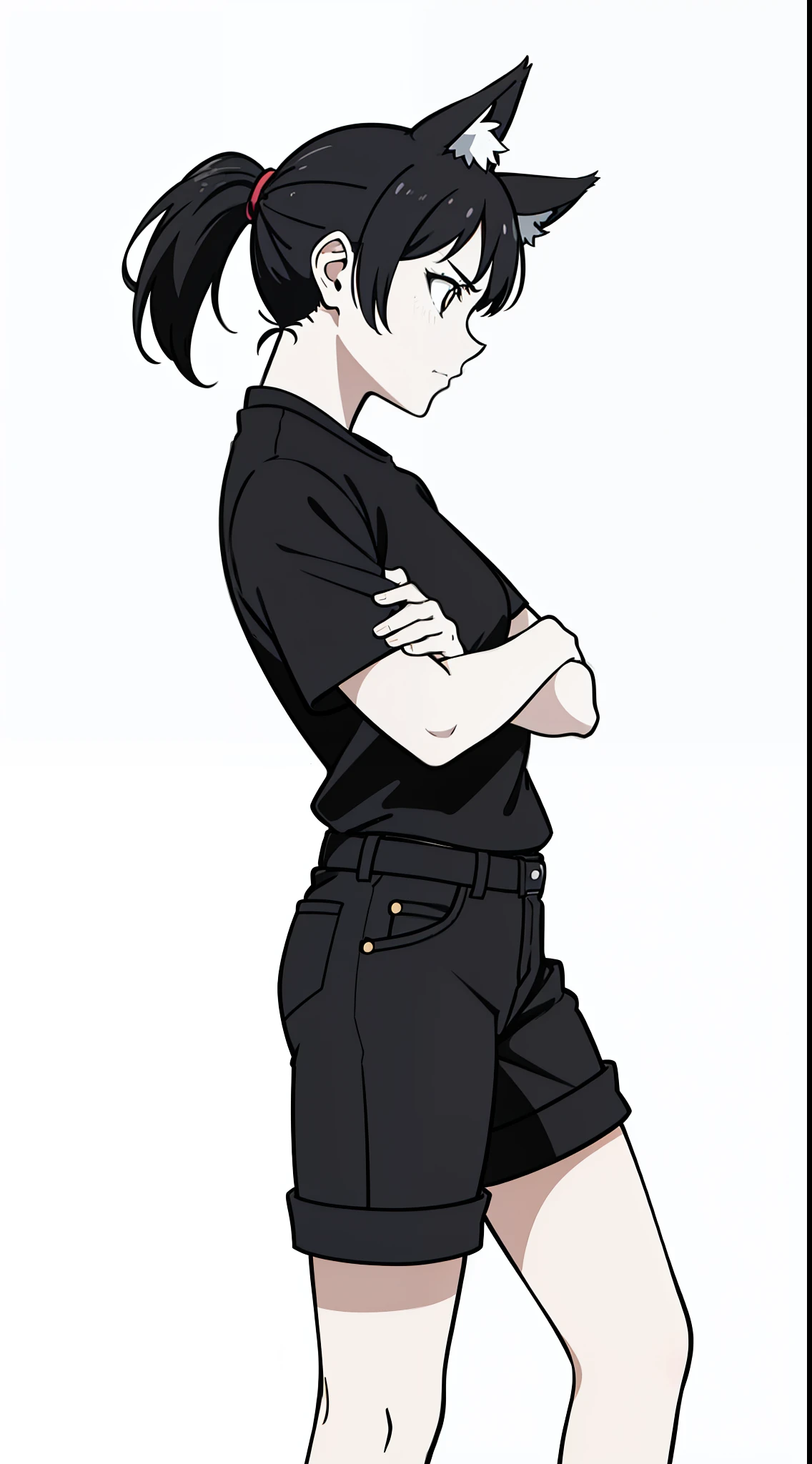(1girl,),solo,angry,black hair,ponytail hair,short hair,fox ears,black shirt,short sleeves,black shorts,cowboy shot,(white background,line drawing),serious,standing,crossed arms,profile,separated lips