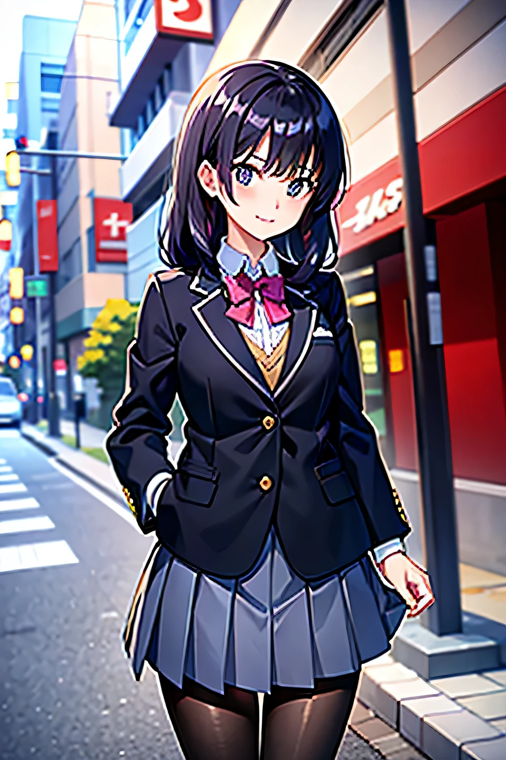 Create an image of an anime-style Japanese high school girl character heroine with a sophisticated appearance.。Her hair is black and has beautiful high curls, and the length of her hair reaches around her waist.。She has a cute smile and a charming face that everyone likes.！
Her big eyes shine with bright black eyes、Her slightly droopy eyes and thick, long eyelashes highlight her sparkle.。   Clothes The character&#39;s white skin is、Creates a vivid contrast with stylish school uniforms。The high school girl&#39;s uniform、A tailored blazer in a rich dark color, almost black.、Paired with a pleated skirt in a shade that reflects the magenta color of her hair.。A crisp white shirt is visible under the blazer.、A bold, neatly tied crimson ribbon at the collar.、Offers eye-catching color accents。  The skirt is short and dark blue。