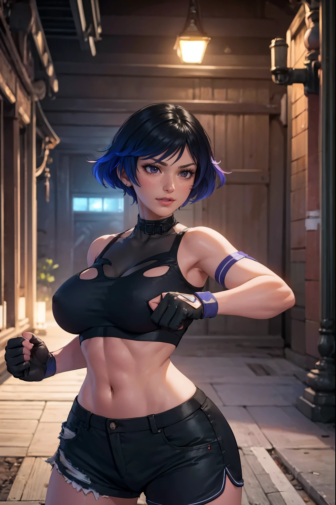 masterpiece, sexypose, Realistic, Very detailed, handsome body, Detailed body, Detailed hands, Detailed, Vibrants, Detailed Face, Reina's character design. Very detailed, Detailed body, Detailed hands, Detailed Face, anime art, extremely detailed CG unity 8k wallpaper, detailed light, Cinematic lighting, chromatic aberration, glittering, expressionless, epic composition, dark in the background, Very detailed, Detailed body, Vibrants, Detailed Face, sharp-focus, anime art, Vibrants, Detailed Face, Hugh Details, sharp-focus, Very drooping face, A detailed eye, super fine illustration, better shadow, finely detail, Beautiful detailed glow, Beautiful detailed, Extremely detailed, expressionless, epic composition, Presented at artstation, Octane Render, artstation hd, Cinematic, 4 thousand., hypermaximalist, elegant, japanese face, oriental japanese beauty face, best quality, reina, masterpiece, best quality, reina, masterpiece, best quality, reina, masterpiece, best quality, reina, masterpiece, best quality, reina, , masterpiece, best quality, reina, masterpiece, best quality, reina, purple eyes, multicolored hair, choker, bare shoulders, bare arms, large breasts, see-through, black shirt, black shorts, fingerless gloves, standing, fighting stance, pov, alleyway, grin, jabbing pose, uppercut pose, slim body, slimmer, proportional body, electric on fist