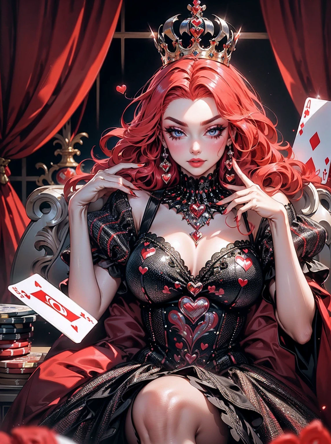 Em um luxuoso cassino, A stunning woman wears an exquisite dress adorned with heart symbols, embodying the royal presence of the Queen of Hearts. Surrounded by a backdrop of poker cards and chips, She exudes confidence and seduction, convidando os jogadores a testar sua sorte e habilidades no jogo de azar. com cabelos curtos, enrolados, cabelos vermelhos (queen of hearts), backwards, looking back,  portrait