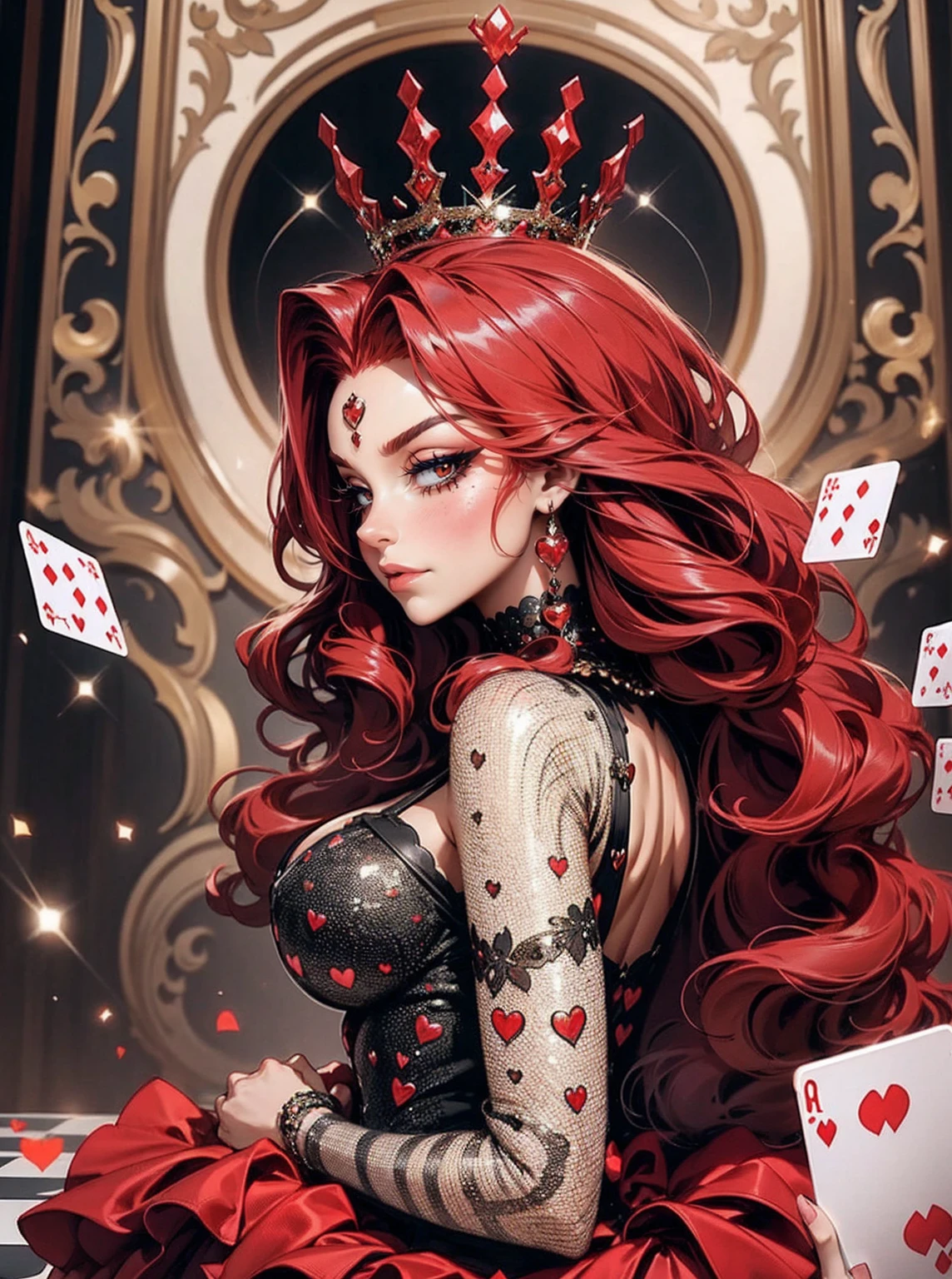 Em um luxuoso cassino, A stunning woman wears an exquisite dress adorned with heart symbols, embodying the royal presence of the Queen of Hearts. Surrounded by a backdrop of poker cards and chips, She exudes confidence and seduction, convidando os jogadores a testar sua sorte e habilidades no jogo de azar. com cabelos curtos, enrolados, cabelos vermelhos (queen of hearts), backwards, looking back,  portrait