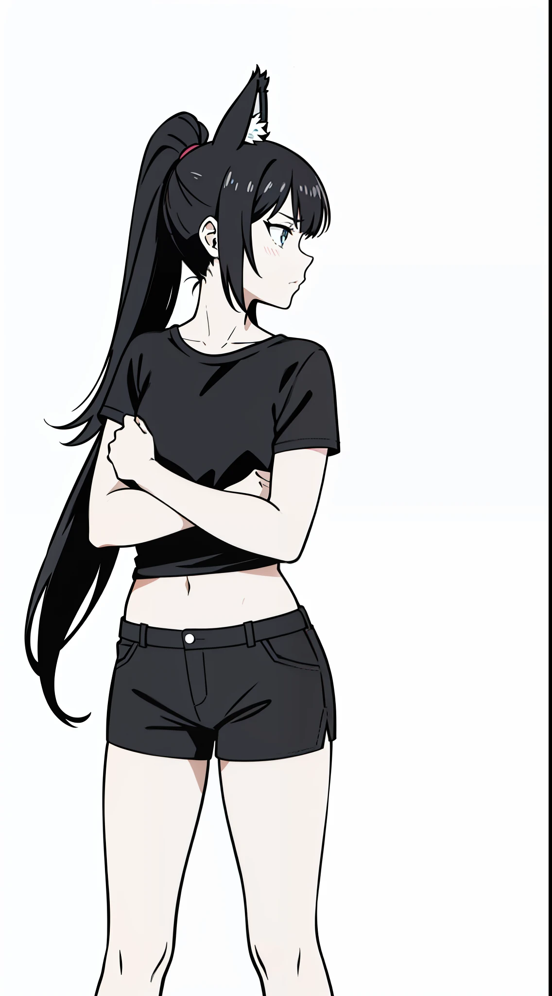 (1girl,),solo,angry,black hair,ponytail hair,short hair,fox ears,black shirt,short sleeves,black shorts,cowboy shot,(white background,line drawing),serious,standing,crossed arms,profile,separated lips