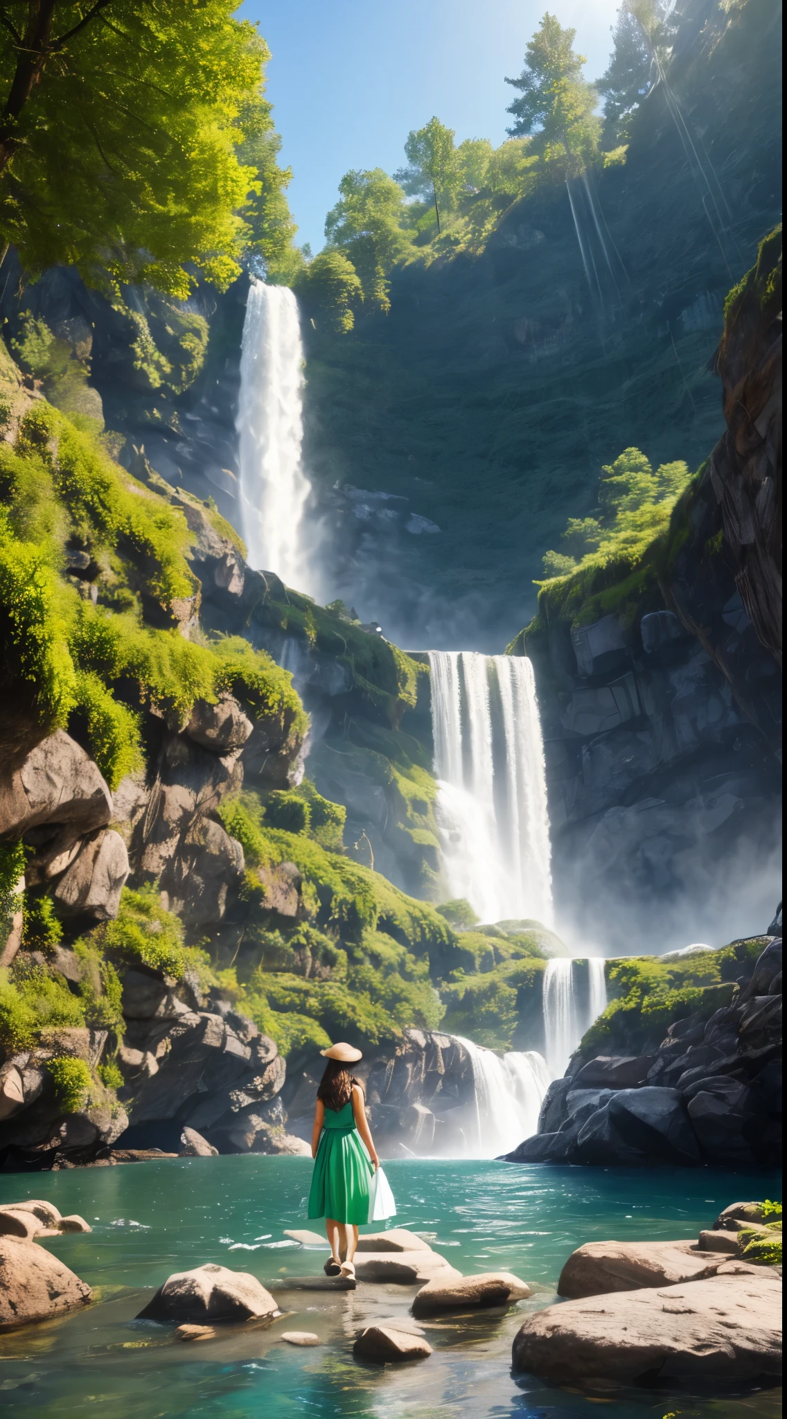 1 girl, realistic beautiful young woman, wearing a light green dress, waterfall, walking under the waterfall, turn her back to the audience, mysterious beauty, full body, Character ratio is only 1/8, lake surface, ((Large grove)), Tyndall Ray, realism, cinematic lighting, ray tracing, optical illusion, Lens flare, 120mm, f/1.2, Sony FE manager, ultra hd, retina, masterpiece, ((highest quality)), ((masterpiece)), (very detailed: 1.3)