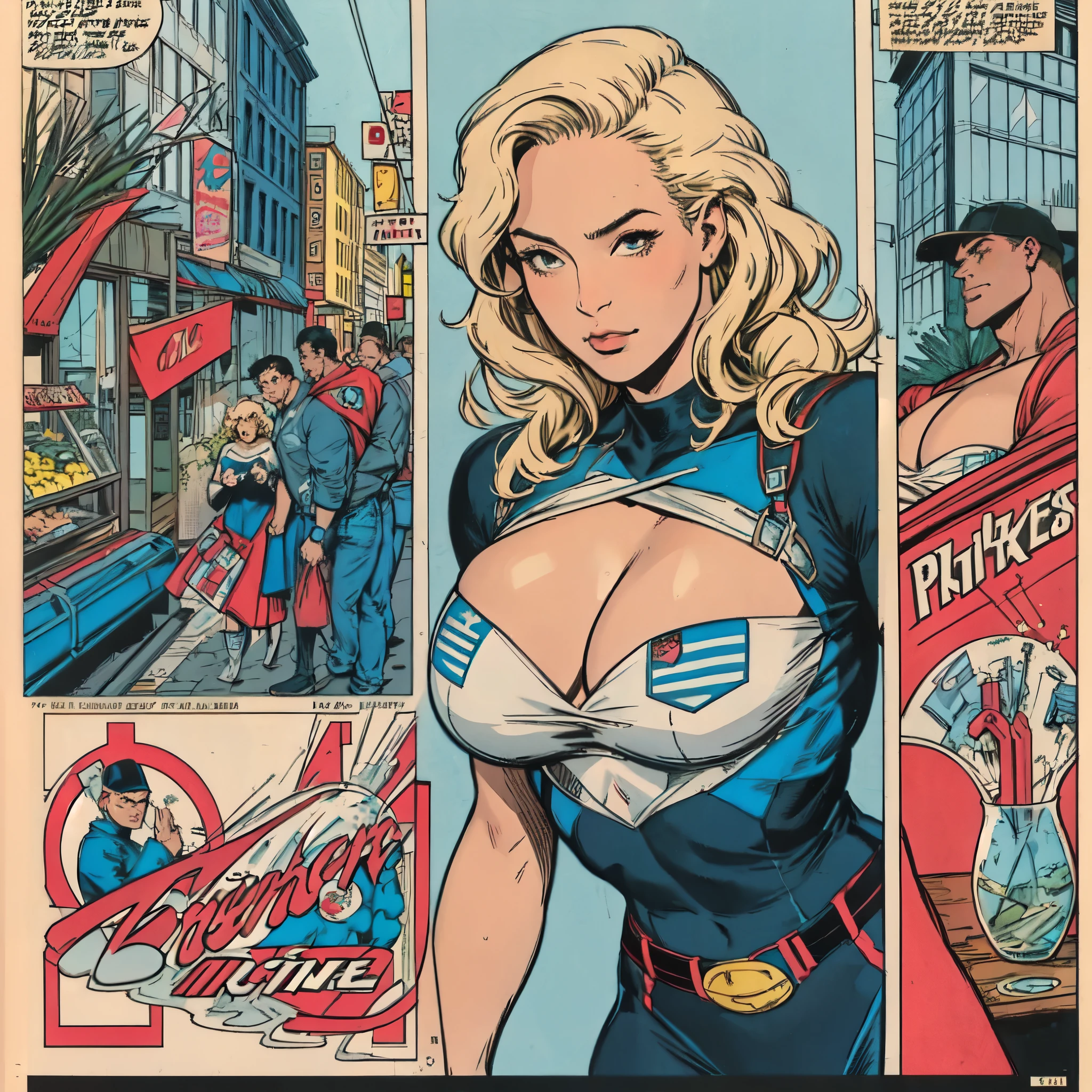 masterpiece,one perfect woman,Excellent sense,cleavage,advertisement,simple background,American Comics,Geometric pattern,city pop,