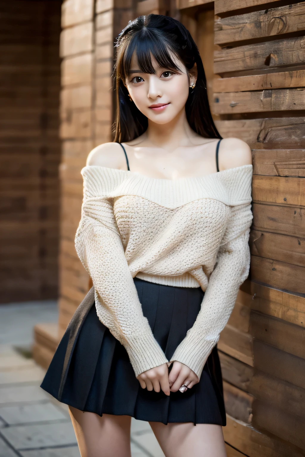 masterpiece, highest quality, Photoreal, Super detailed, finely, High resolution, 8k wallpaper, Professional, Advanced level of detail, girl in her 20s, thin japanese woman, ((facing the front)), detailed clavicle, perfect face, straight hair, Black Mini Flare Skirt、black boots、White Mohair Sweater、full body shot、pose coolly