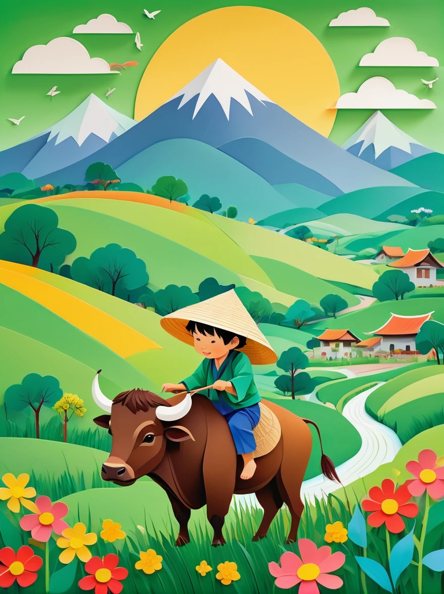 Flat illustration,Rainy day, a small Asian boy with a straw hat, sitting on the back of a buffalo, in a wide field with green grass, colorful flowers, willow trees, swallows flying through the air, vague green hills in the distance, villages, the overall color is fresh and light, unnel composition,morandi color, multi-dimensional paper kirigami craft