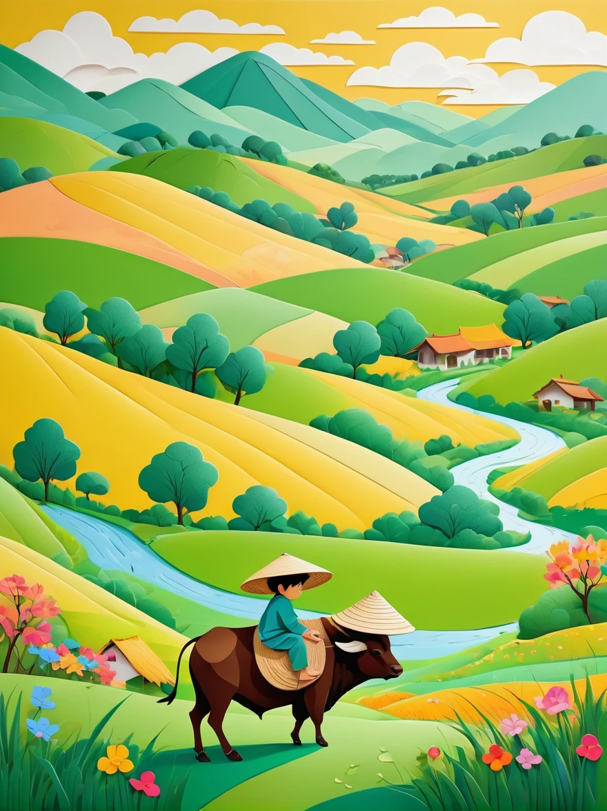 Flat illustration,Rainy day, a small Asian boy with a straw hat, sitting on the back of a buffalo, in a wide field with green grass, colorful flowers, willow trees, swallows flying through the air, vague green hills in the distance, villages, the overall color is fresh and light, unnel composition,morandi color, multi-dimensional paper kirigami craft