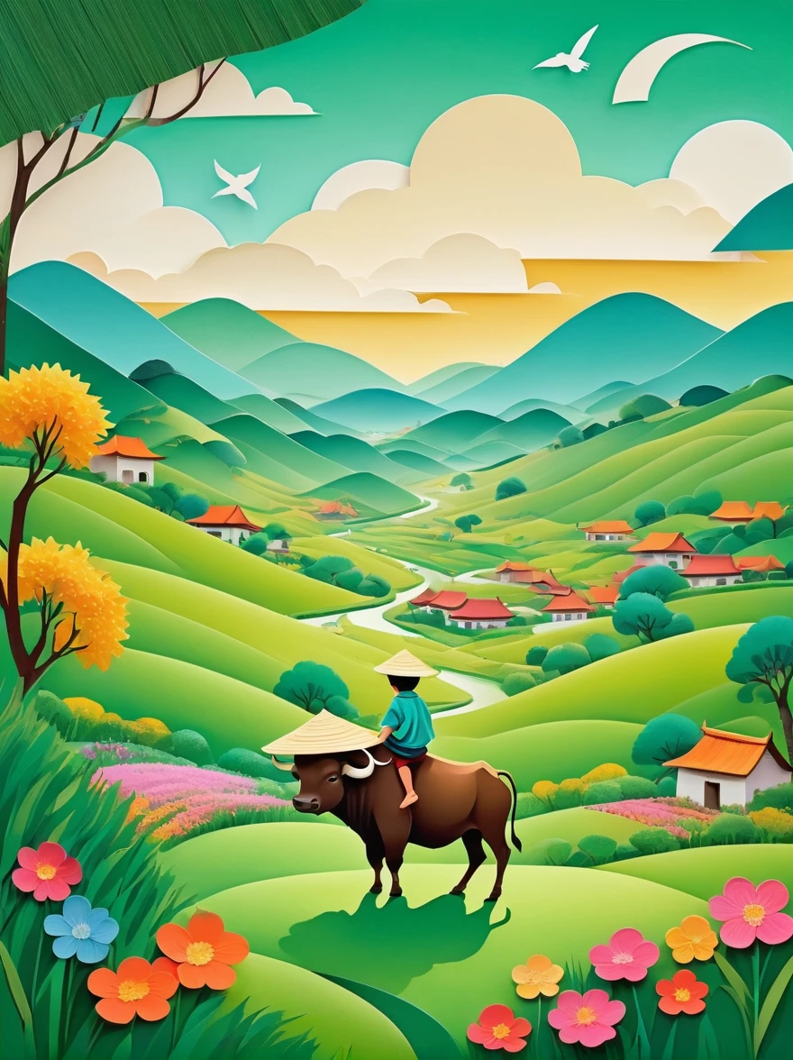 Flat illustration,Rainy day, a small Asian boy with a straw hat, sitting on the back of a buffalo, in a wide field with green grass, colorful flowers, willow trees, swallows flying through the air, vague green hills in the distance, villages, the overall color is fresh and light, unnel composition,morandi color, multi-dimensional paper kirigami craft