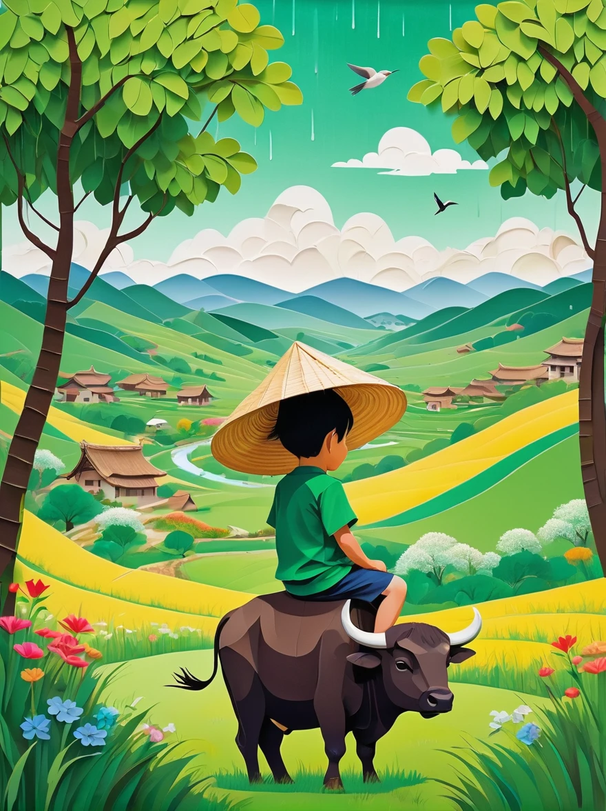 Flat illustration,Rainy day, a small Asian boy with a straw hat, sitting on the back of a buffalo, in a wide field with green grass, colorful flowers, willow trees, swallows flying through the air, vague green hills in the distance, villages, the overall color is fresh and light, unnel composition,morandi color, multi-dimensional paper kirigami craft