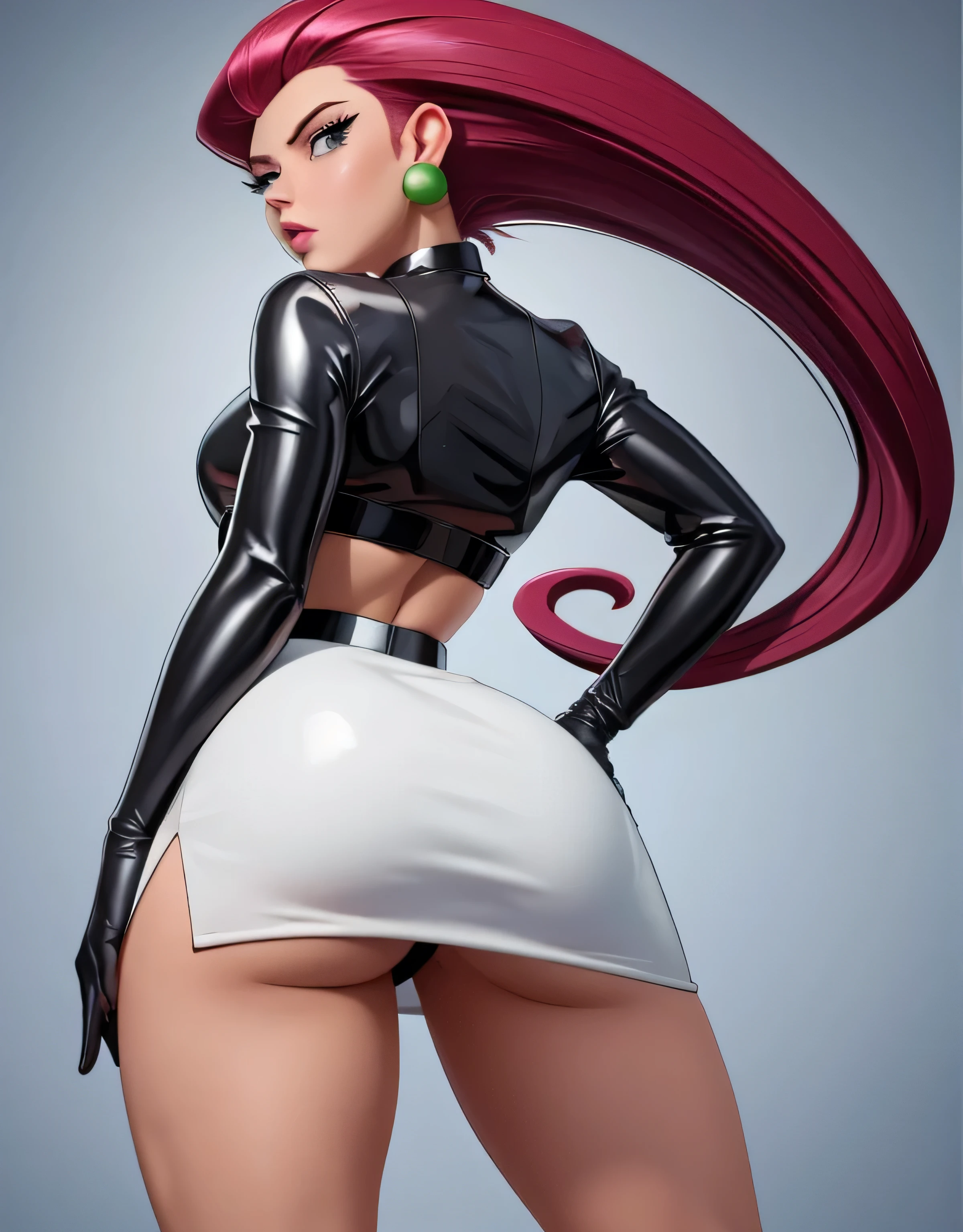 jessie\(pokemon\), hair slicked back, team rocket outfit, solo, crop top, gloves, jewelry, earrings, long hair, elbow gloves, blue eyes, black gloves, team rocket, breasts, red hair, thighs, very long hair, in back pose, show her booty, focus on her ass, mini skirt.( LIFTING HER MINI SKIRT WITH HER HANDS, SHOW HER BOOTY) ULTRA SEXY