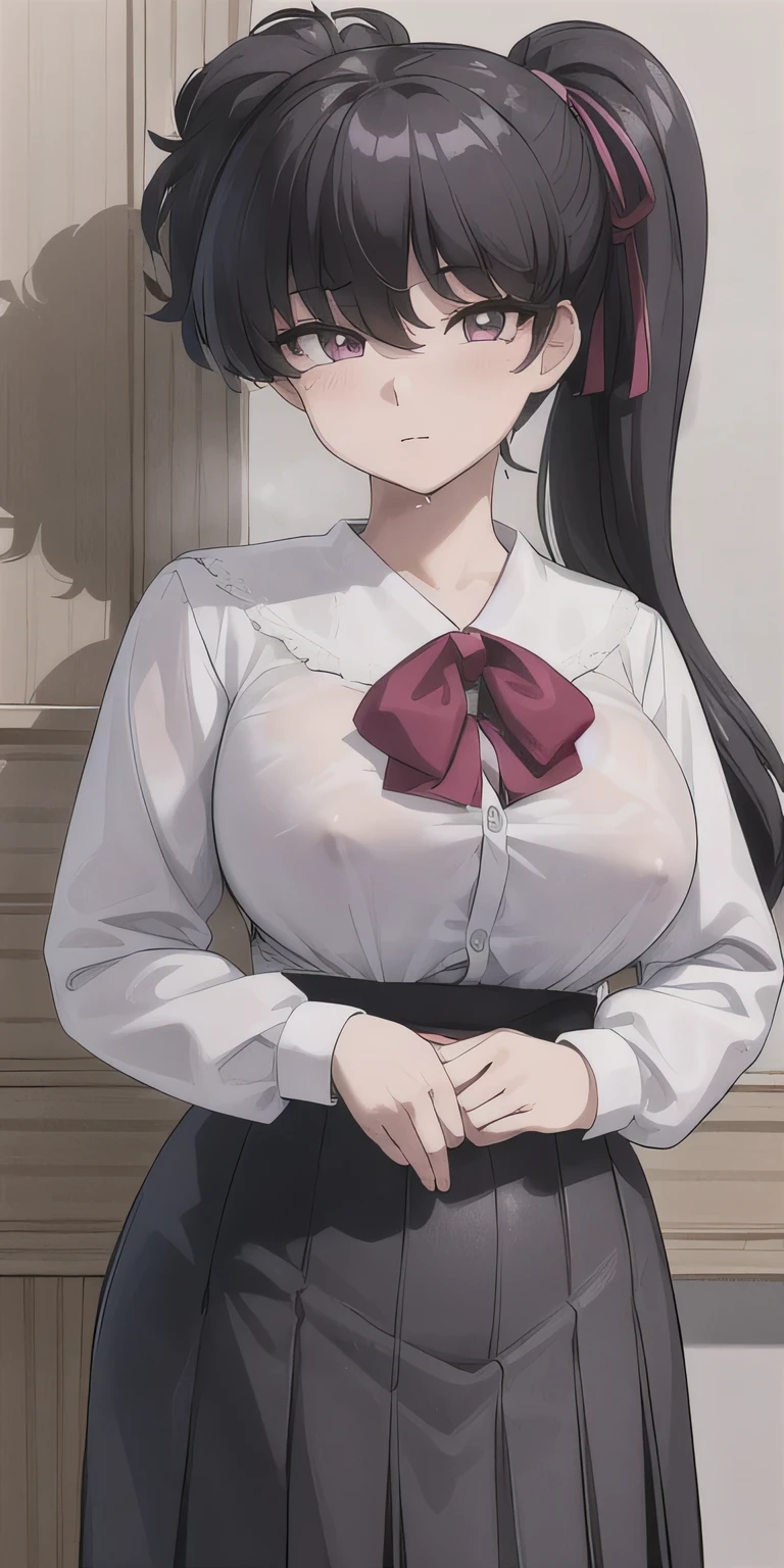 KodachiKunou, solo, standing, large_breasts, KodachiCasualOutfit, masterpiece, best quality, (detailed face), detailed eyes, highres,open shirt, (pink lace bra:1.2),(huge tits),(wet clothes),(nipples)