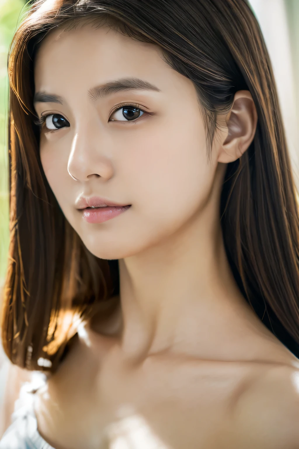 masterpiece, highest quality, Photoreal, Super detailed, finely, High resolution, 8k wallpaper, Professional, Advanced level of detail, girl in her 20s, thin japanese woman, ((facing the front)), detailed clavicle, perfect face, straight hair, Morning face wash