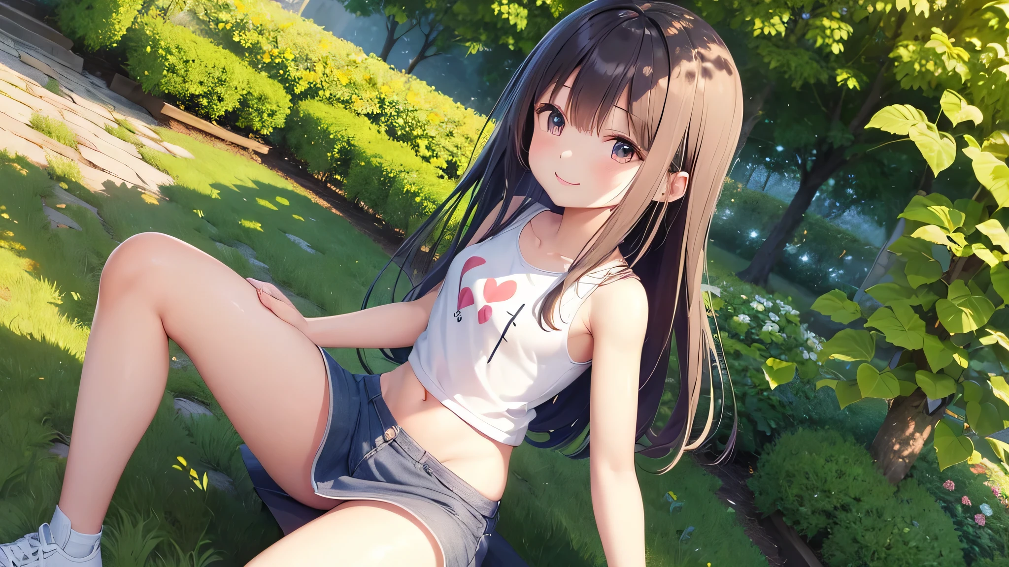 cute woman、cute face、cute smile、 、full body shot、80mm、well-shaped chest、slightly larger breasts、lazy smile、T-shirt、mini skirt、garden、Squirting、cherry blossoms、Because I&#39;m slender、Beautiful and slim legs、clear white skin、sit on top、