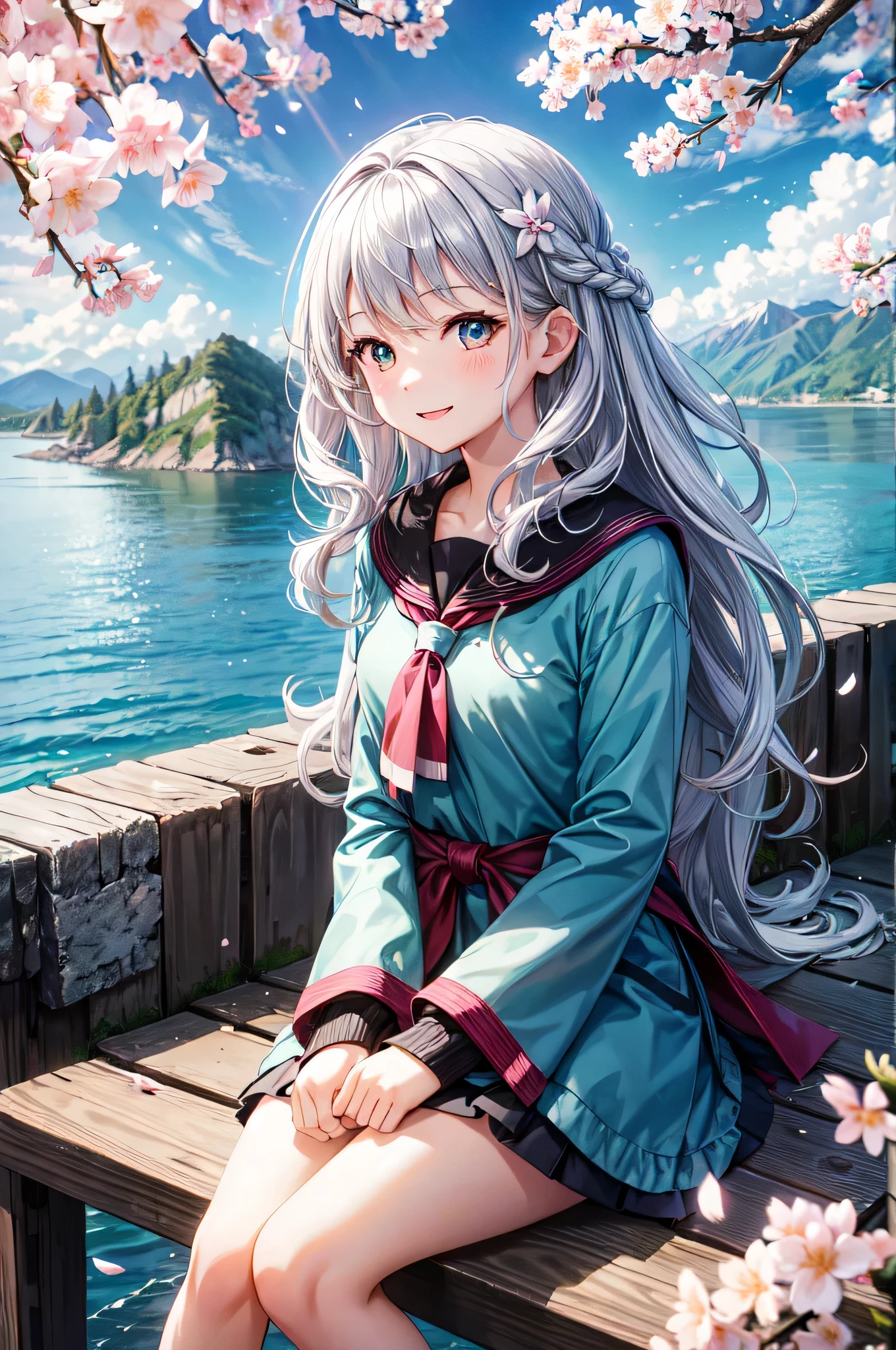 (masterpiece),  scenery,  mountainous horizon,  cherry blossoms,  petal,  particles of light,  Upper body,  1 girl,  crew,  wavy hair,  floating hair,  smile,  sitting,  open your mouth,  particles of light,  silver hair,  aqua eye,  looking at the viewer,  face focus