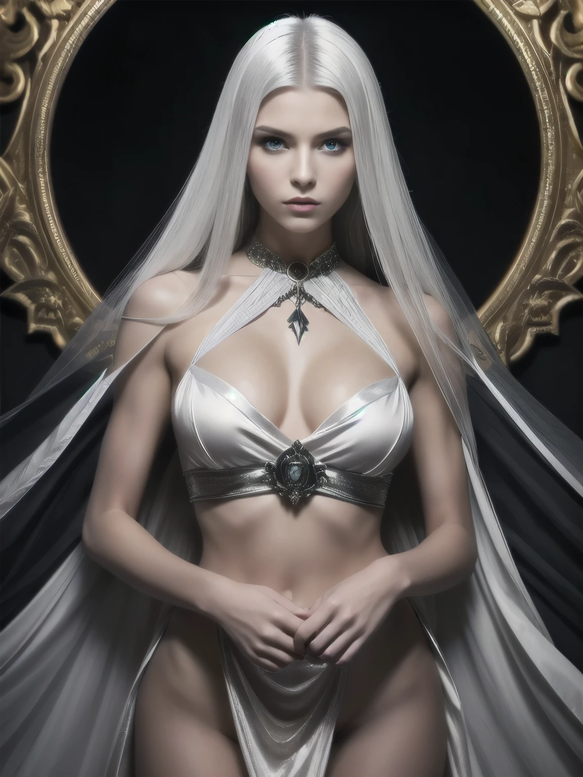 (Digital Art, meisterwerk) the evil dark twin of shining holy like a female saviour full perfect body slim extremely beautiful powerful mighty perfect face of a silver hair golden eyes 23 year old woman, white revealing glowing silk robes held only over oneshoulder without sleeves , in a dense misty mysterious jungle palace, dramatic powerful lighting