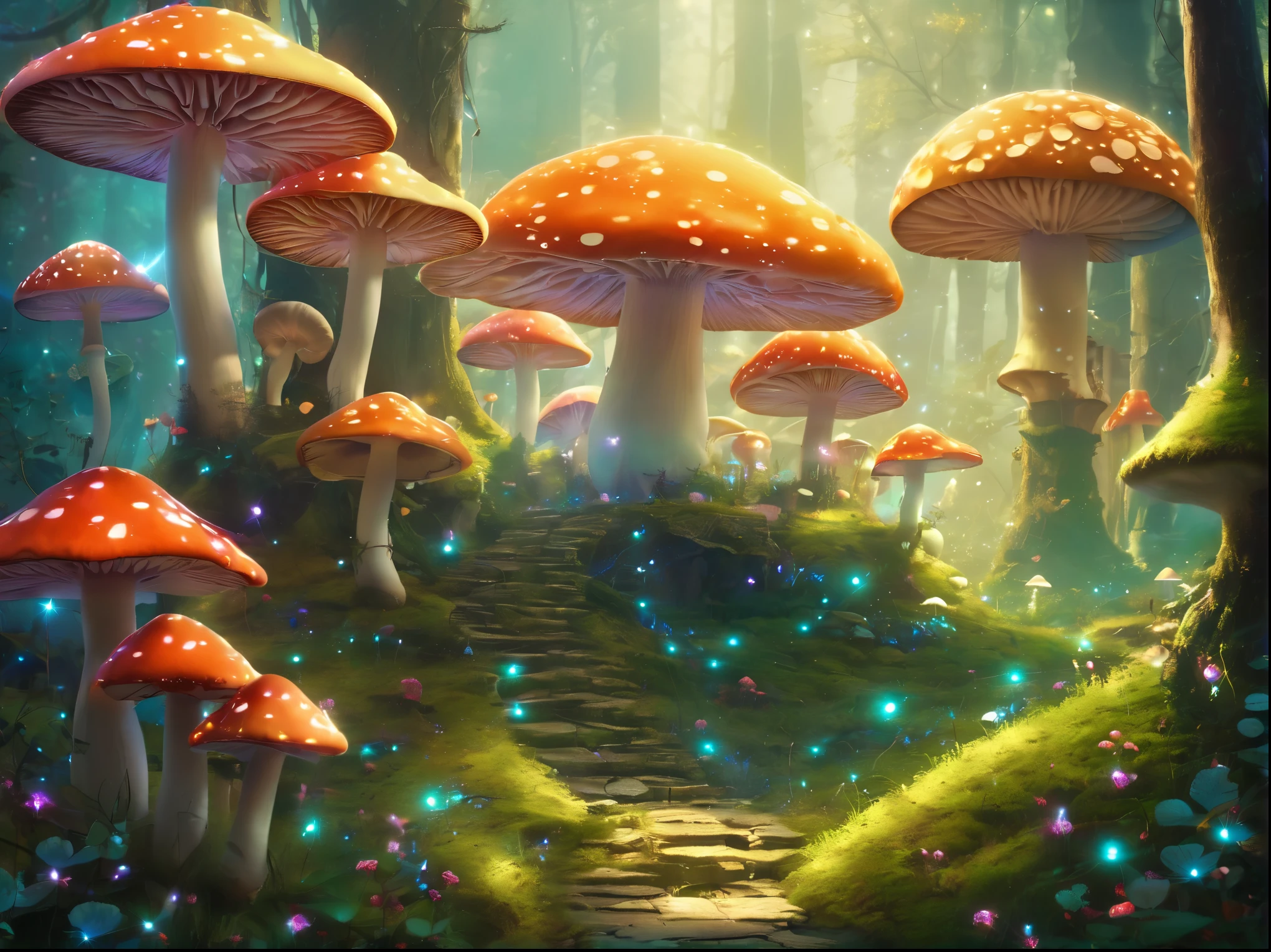 Dreamy and magical, Atmospheric, Obsessed, A dream forest made up of mushrooms, There is a mysterious castle in the forest，There are mushrooms and magic in every color everywhere, Ethereal elves, glowing neon lights, Magical creatures roam the mushroom jungle, mysterious atmosphere, whimsical charm, bright colors, dreamy atmosphere, Mysterious creature, glow elf, charming scenery, magical light, Enchanting mushroom forest, charming light, Fantasy realm, otherworldly beauty, magical light环, charming charm, Ethereal charm, Charming elves, Energetic和超现实, Glowing Mushroom,A mysterious castle，surreal dreamscape, Mystic energy, Field of magic, Enchanting mushroom forest, charming and magical, flash, dreamy atmosphere, fantastic scenery, Whimsical Mushroom City, stunning scenery, Glamorous spirits, attractive beauty, Ethereal charm, whimsically，Energetic, otherworldly realm, A brightly lit wonderland.
