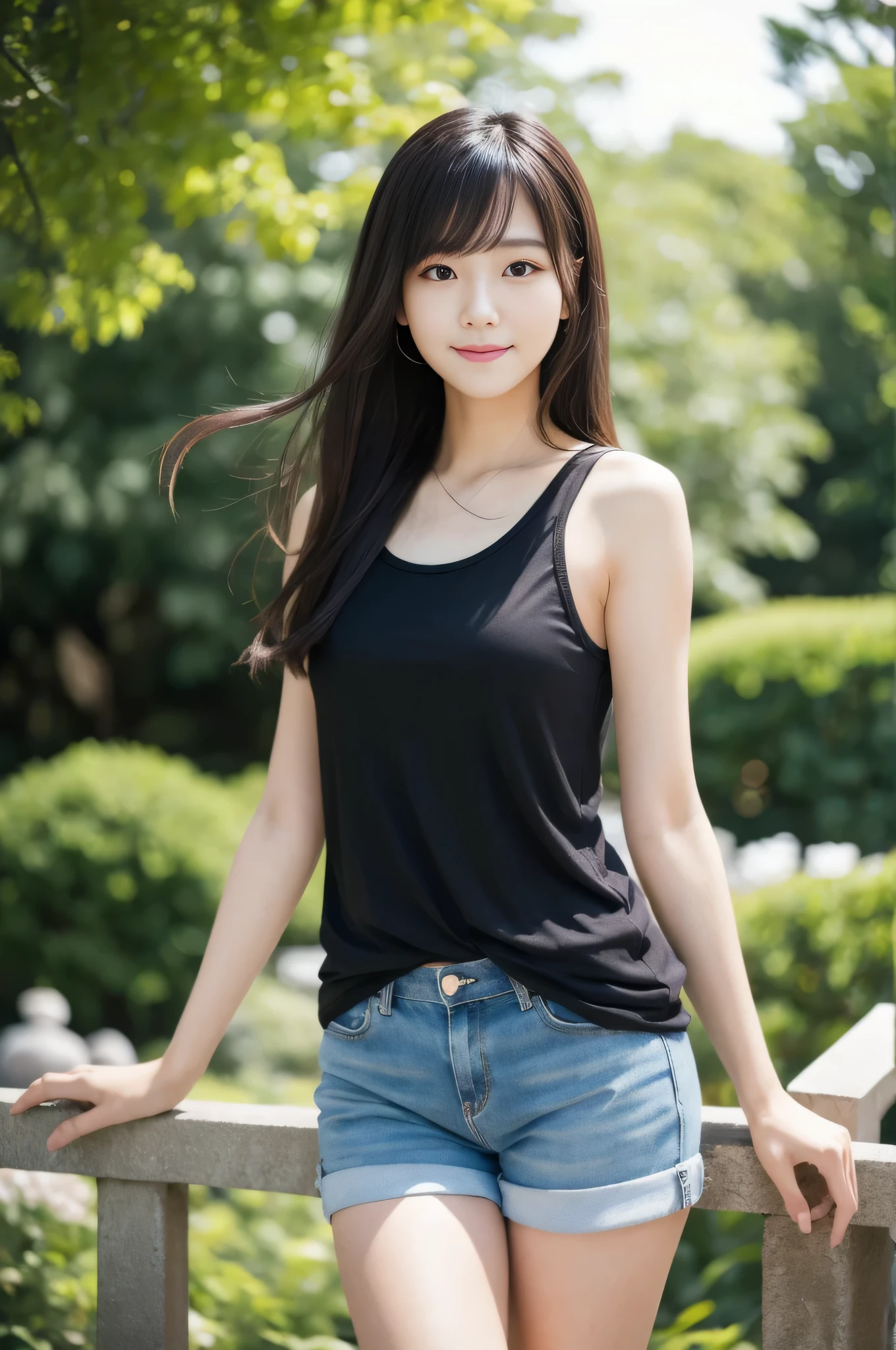 highest quality,masterpiece,32k,realistic,incredibly absurd,Depth of the bounds written、blur background、natural light face focus,thin,Photos of beautiful Japanese women,25 year old girl,contrasting,outdoor,long hair,black hair,Tank top,shorts,bright look
