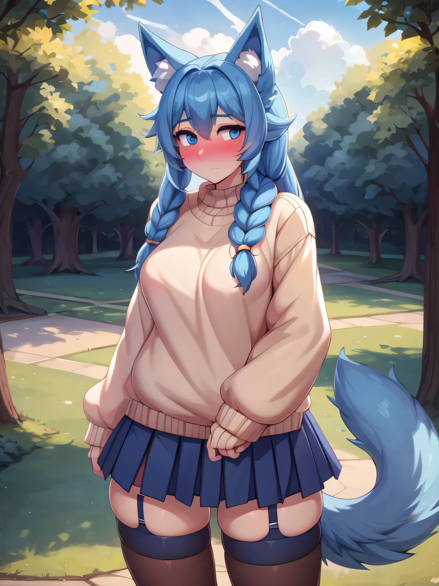 (Masterpiece) (High Detail) (High Res) A Short slim Humanoid Girl with pale human skin and blue eyes and long blue hair in a braid and blue dog ears and a fluffy blue dog tail and medium breasts. She is stood in the park and is wearing a cream coloured oversized sweater jumper and a navy pleated skirt and stockings. She is blushing slightly.