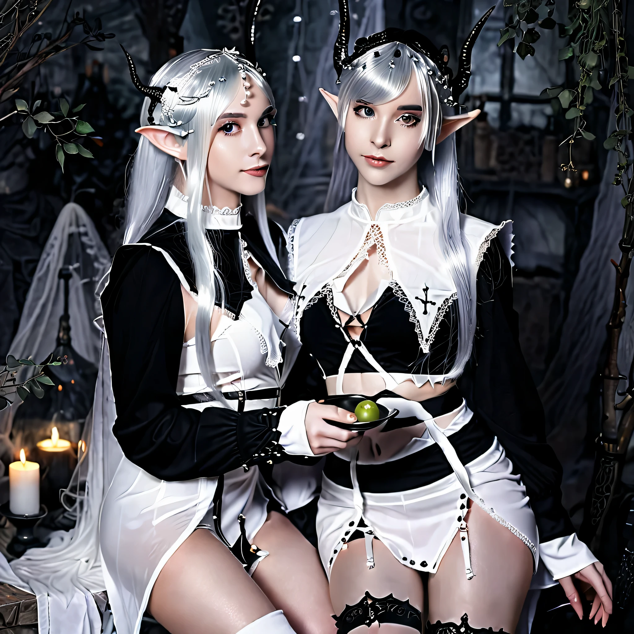 Dark Elves, 2 girls ,Elf with black hair and black clothes ，Elf with white hair and white clothes ，fantasy style